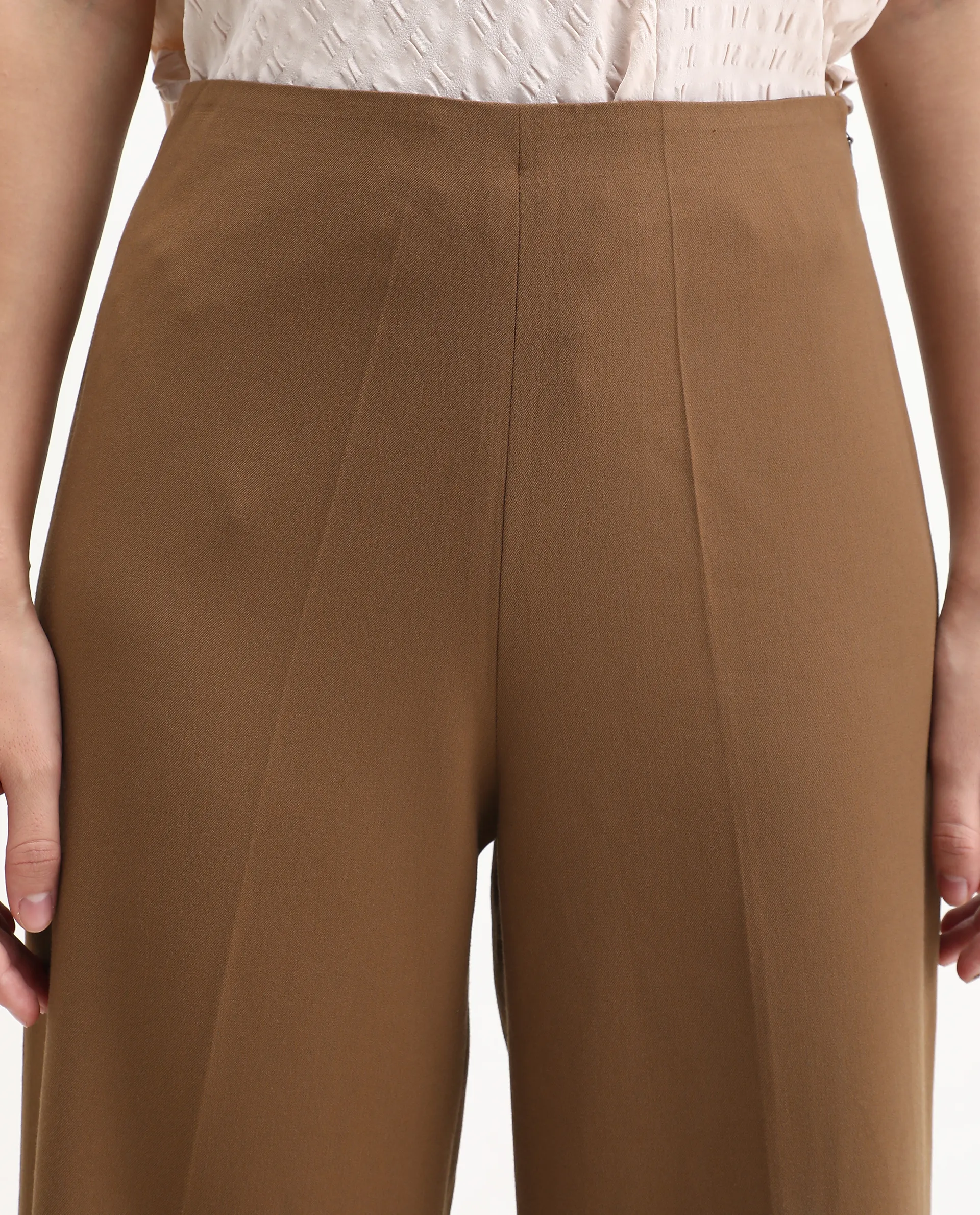 Rareism Women's Wido Light Brown Polyester Blend Wide Leg Plain Travel Trouser - Image 5