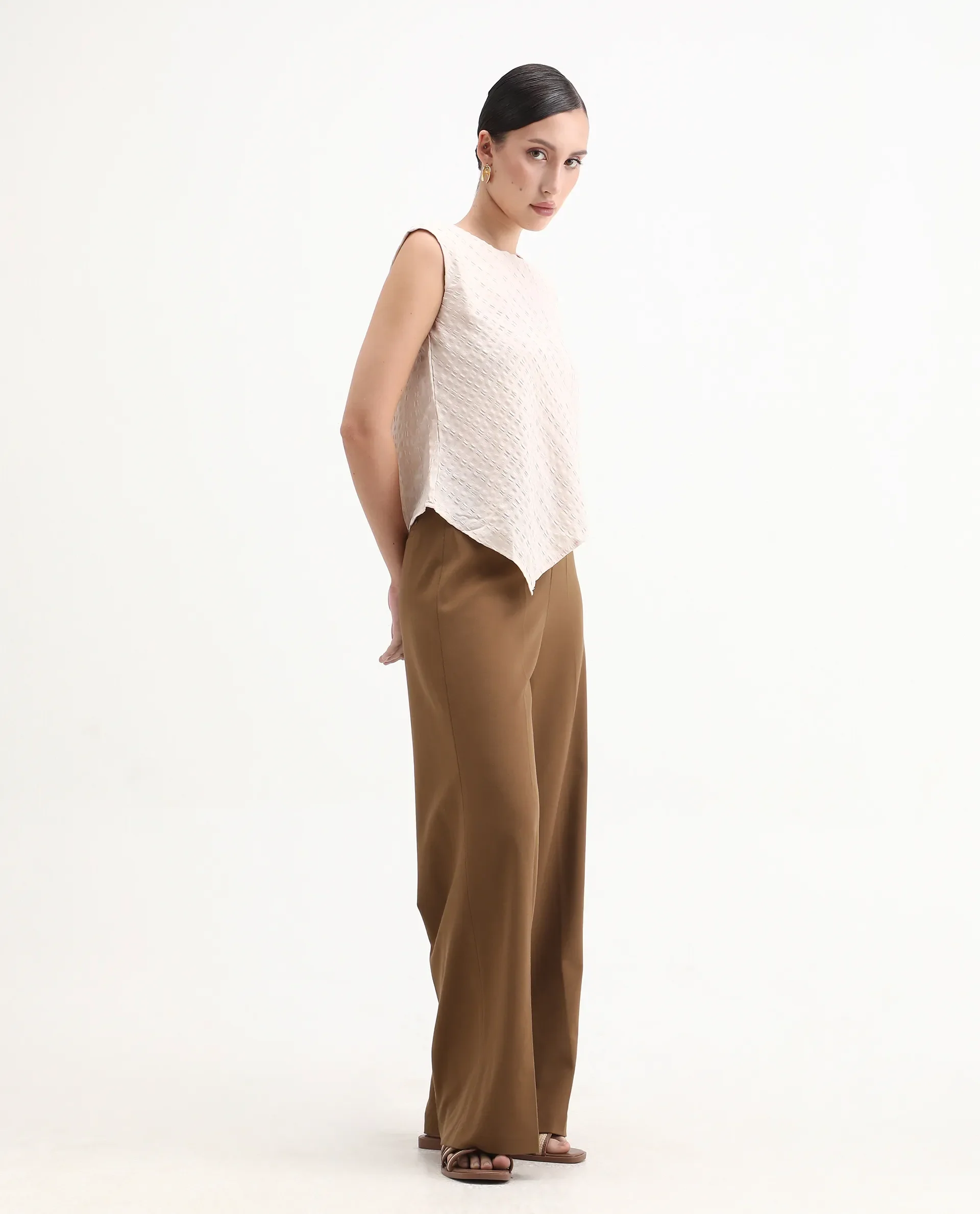 Rareism Women's Wido Light Brown Polyester Blend Wide Leg Plain Travel Trouser - Image 6