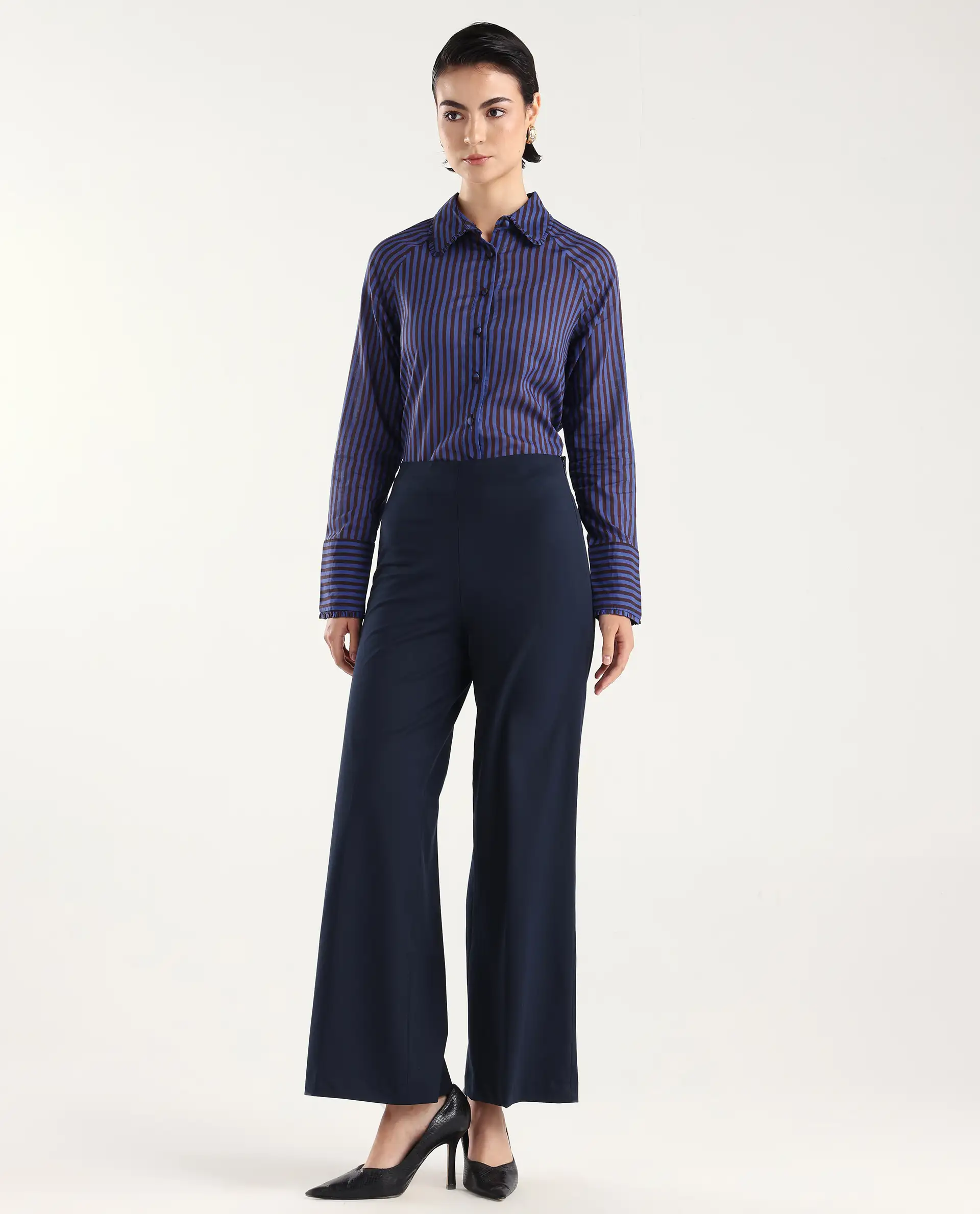 Rareism Women Wido Navy Polyester Blend Button Wide Leg Fit Plain Travel Trouser - Image 2