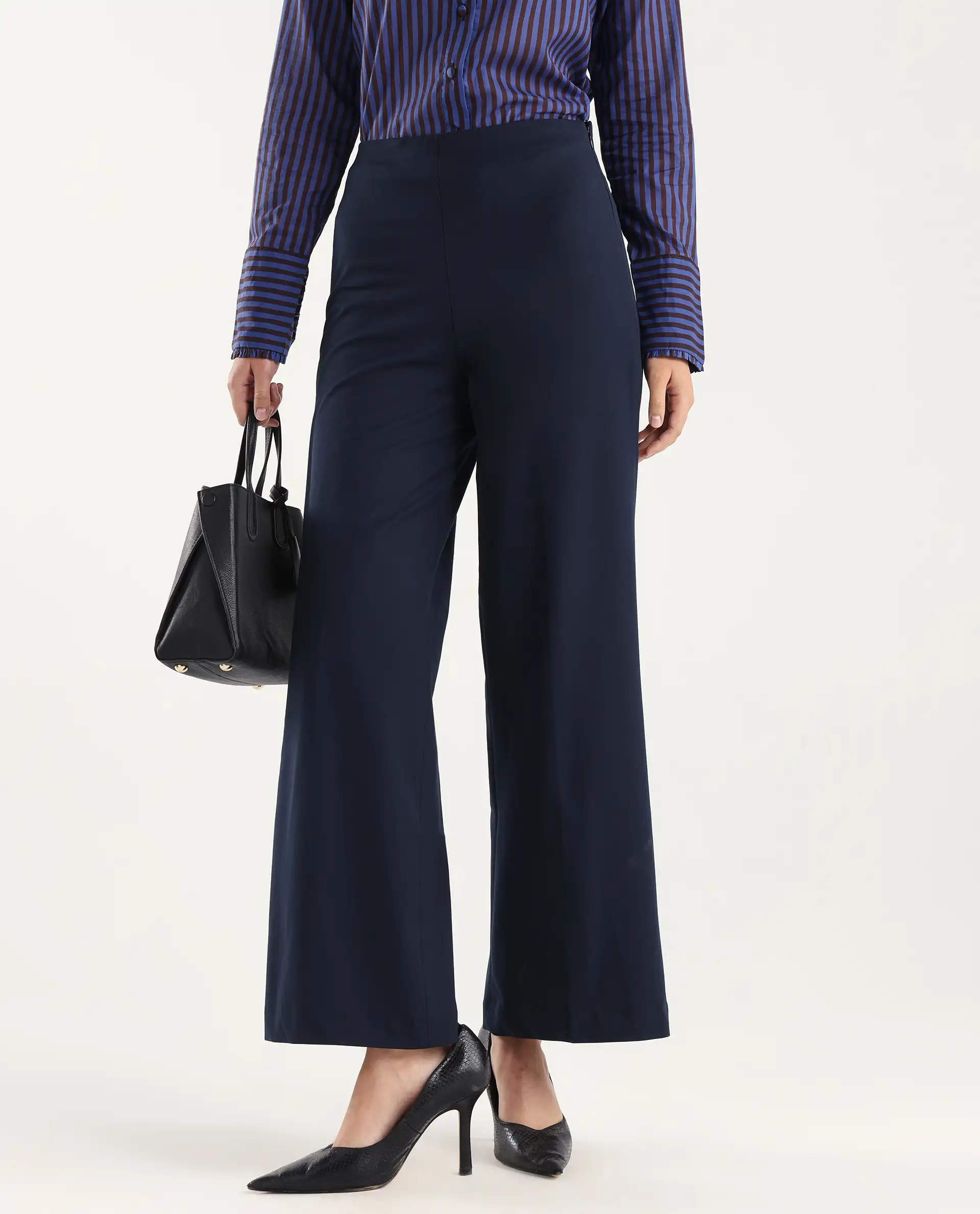 Rareism Women Wido Navy Polyester Blend Button Wide Leg Fit Plain Travel Trouser - Image 3