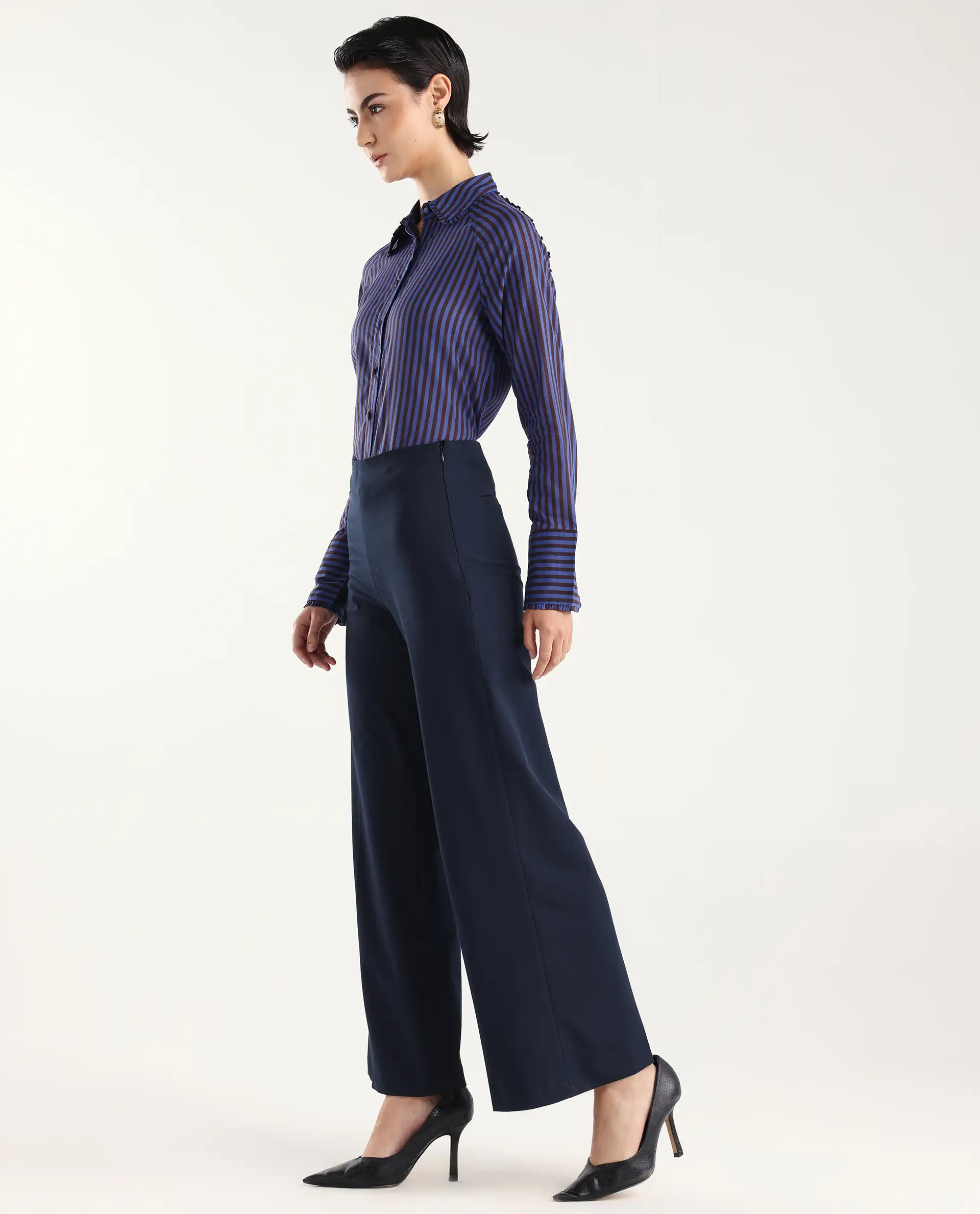 Rareism Women Wido Navy Polyester Blend Button Wide Leg Fit Plain Travel Trouser - Image 6