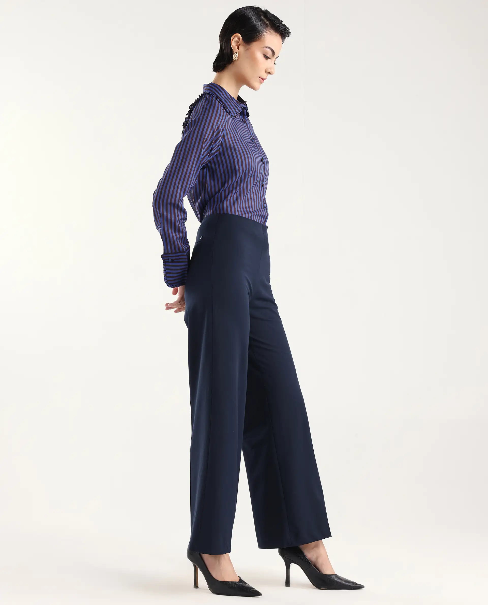Rareism Women Wido Navy Polyester Blend Button Wide Leg Fit Plain Travel Trouser - Image 7