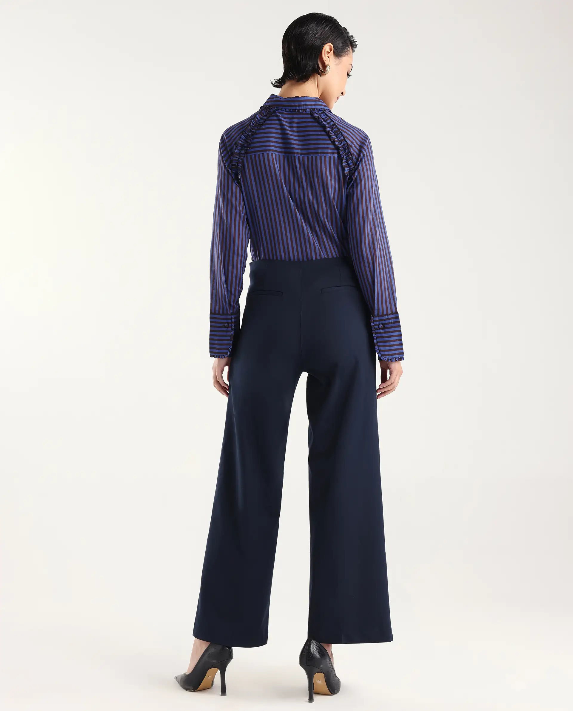 Rareism Women Wido Navy Polyester Blend Button Wide Leg Fit Plain Travel Trouser - Image 8