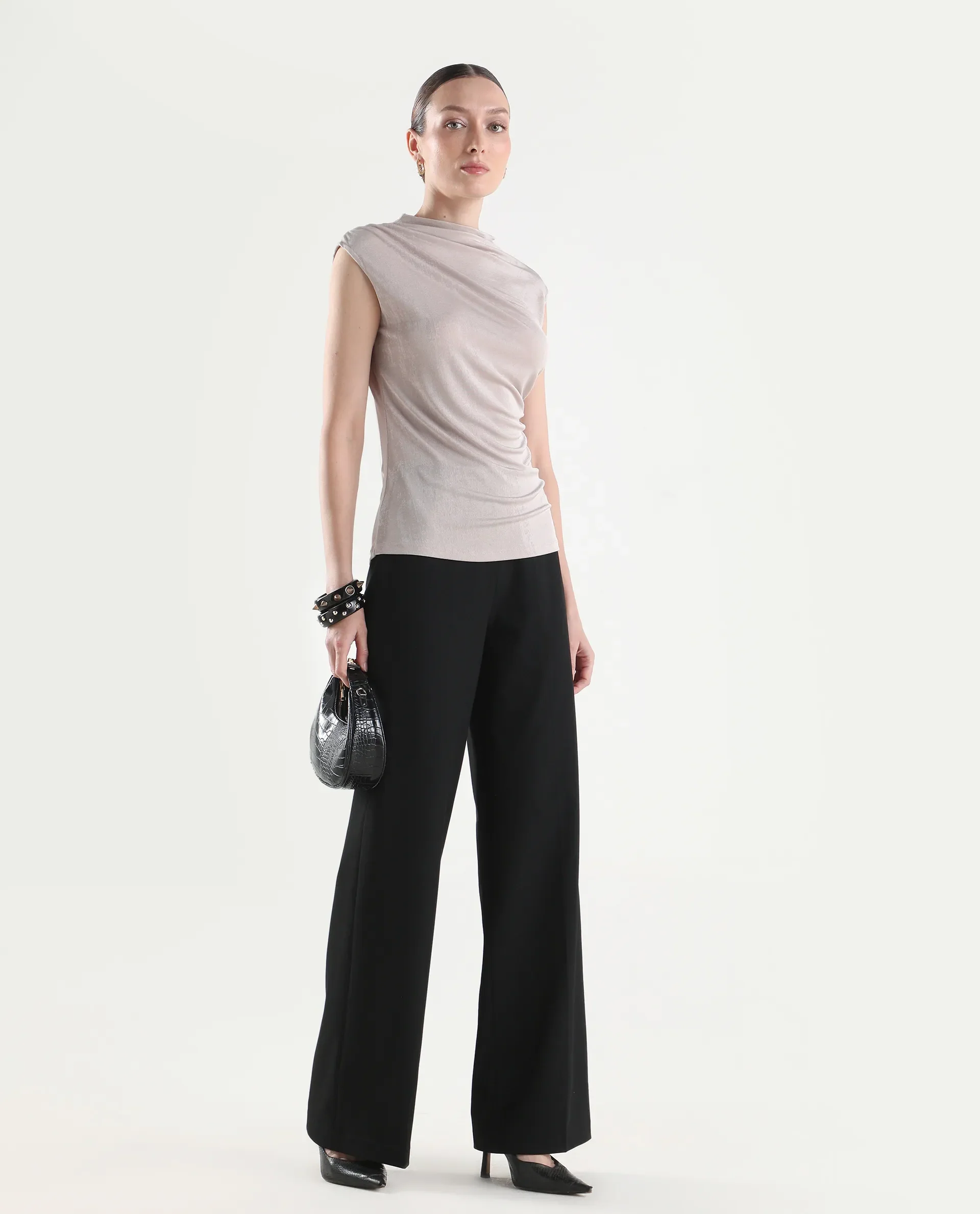 Rareism Women's Widy Black Viscose Wide Plain Trouser