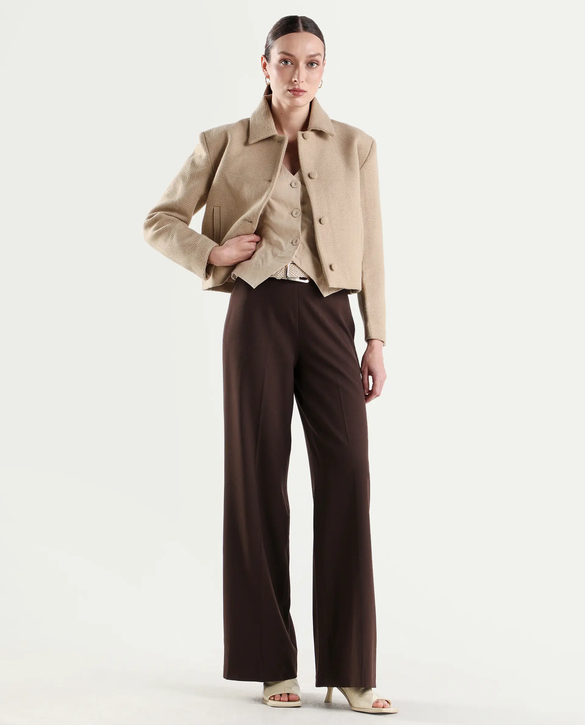 Rareism Women's Widy Brown Viscose Fabric Wide Plain Trouser