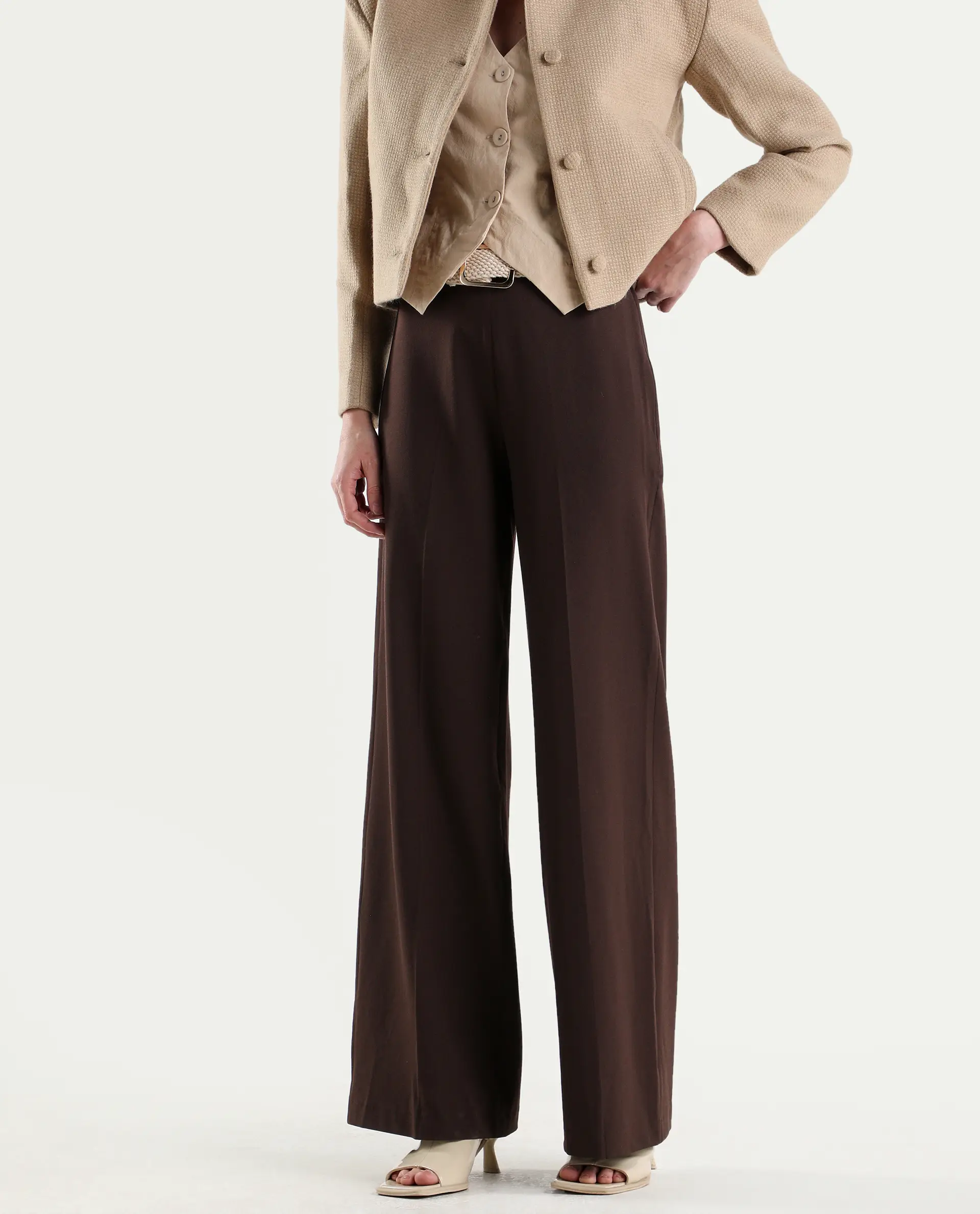 Rareism Women's Widy Brown Viscose Fabric Wide Plain Trouser - Image 2