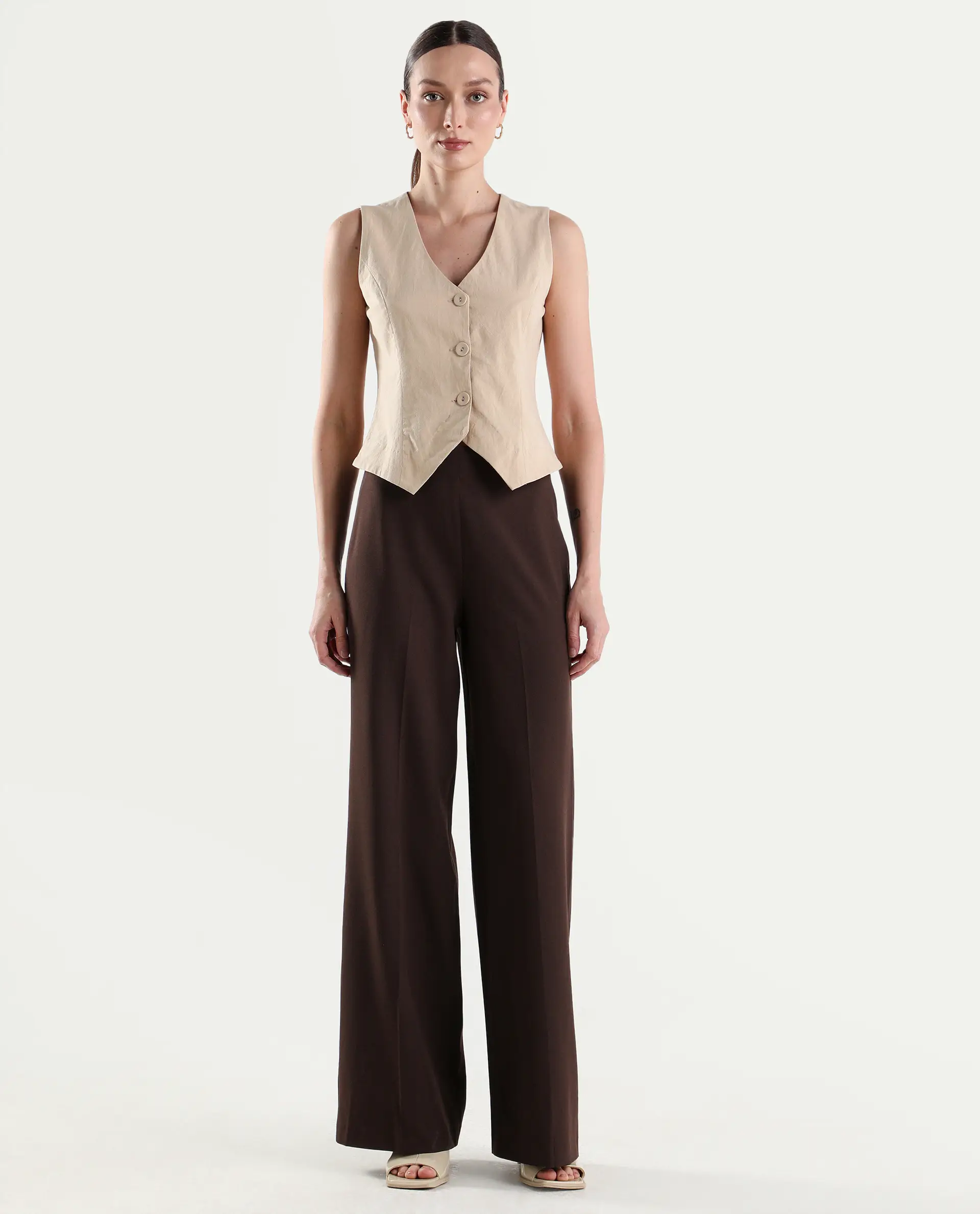 Rareism Women's Widy Brown Viscose Fabric Wide Plain Trouser - Image 3