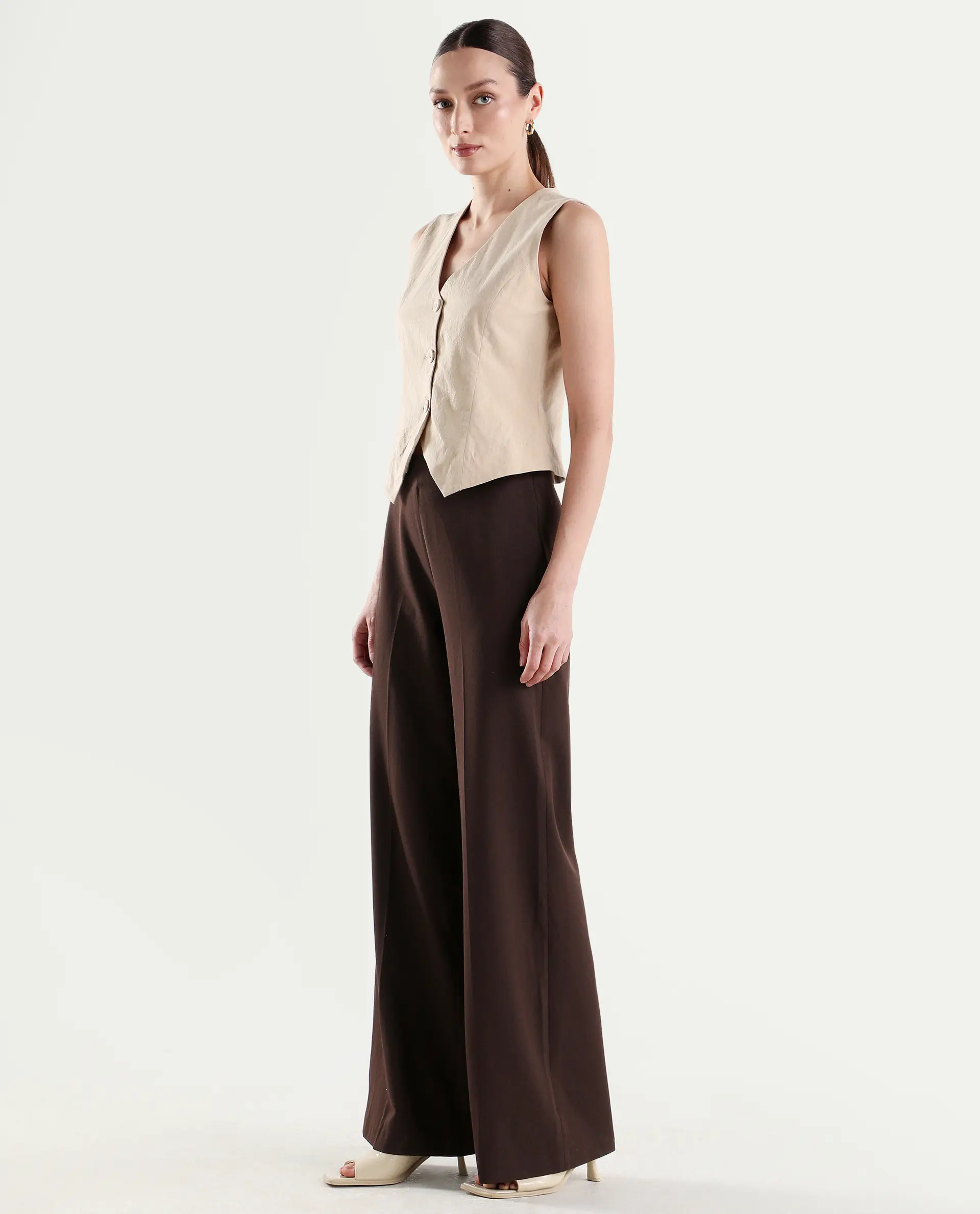 Rareism Women's Widy Brown Viscose Fabric Wide Plain Trouser - Image 5