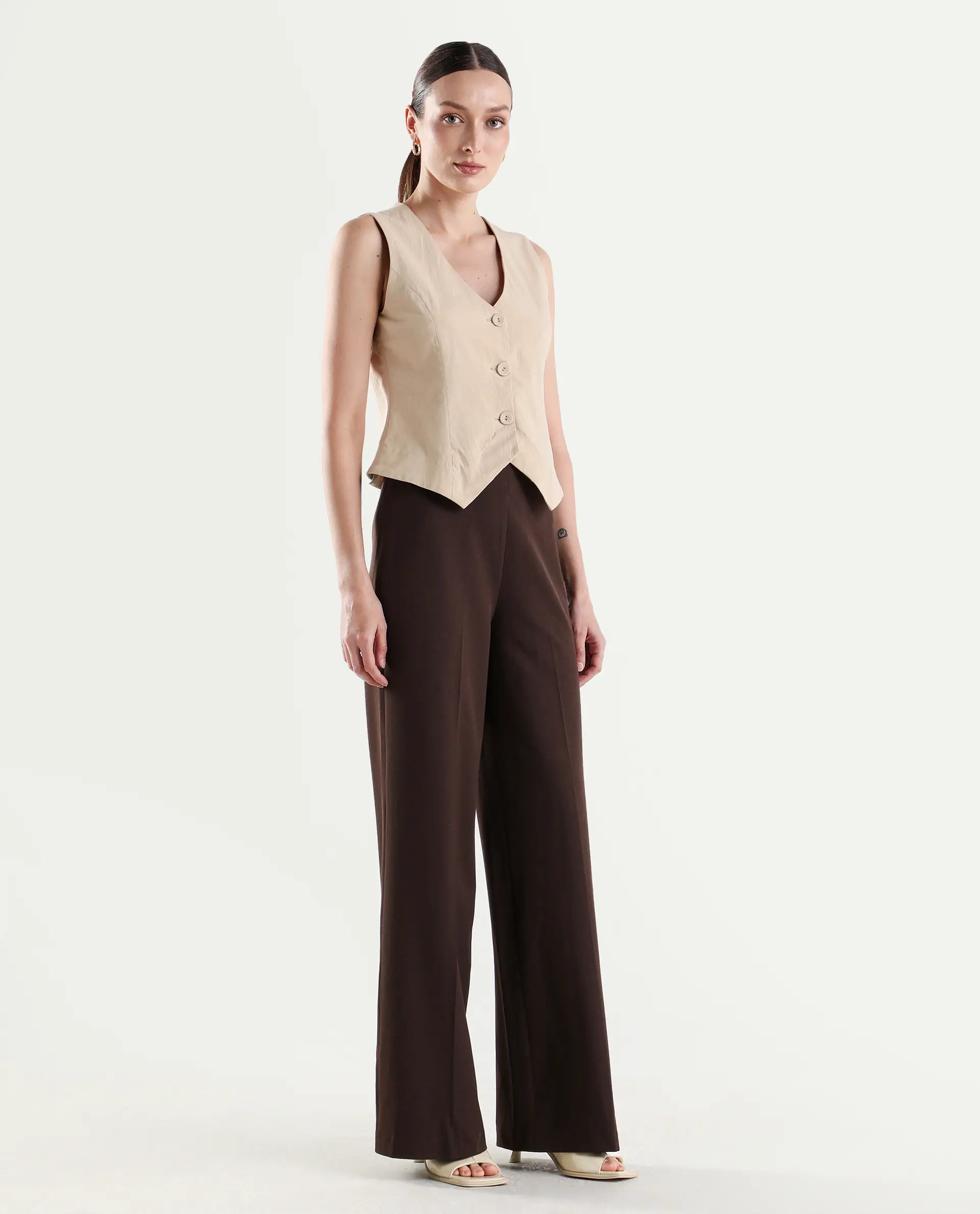 Rareism Women's Widy Brown Viscose Fabric Wide Plain Trouser - Image 6