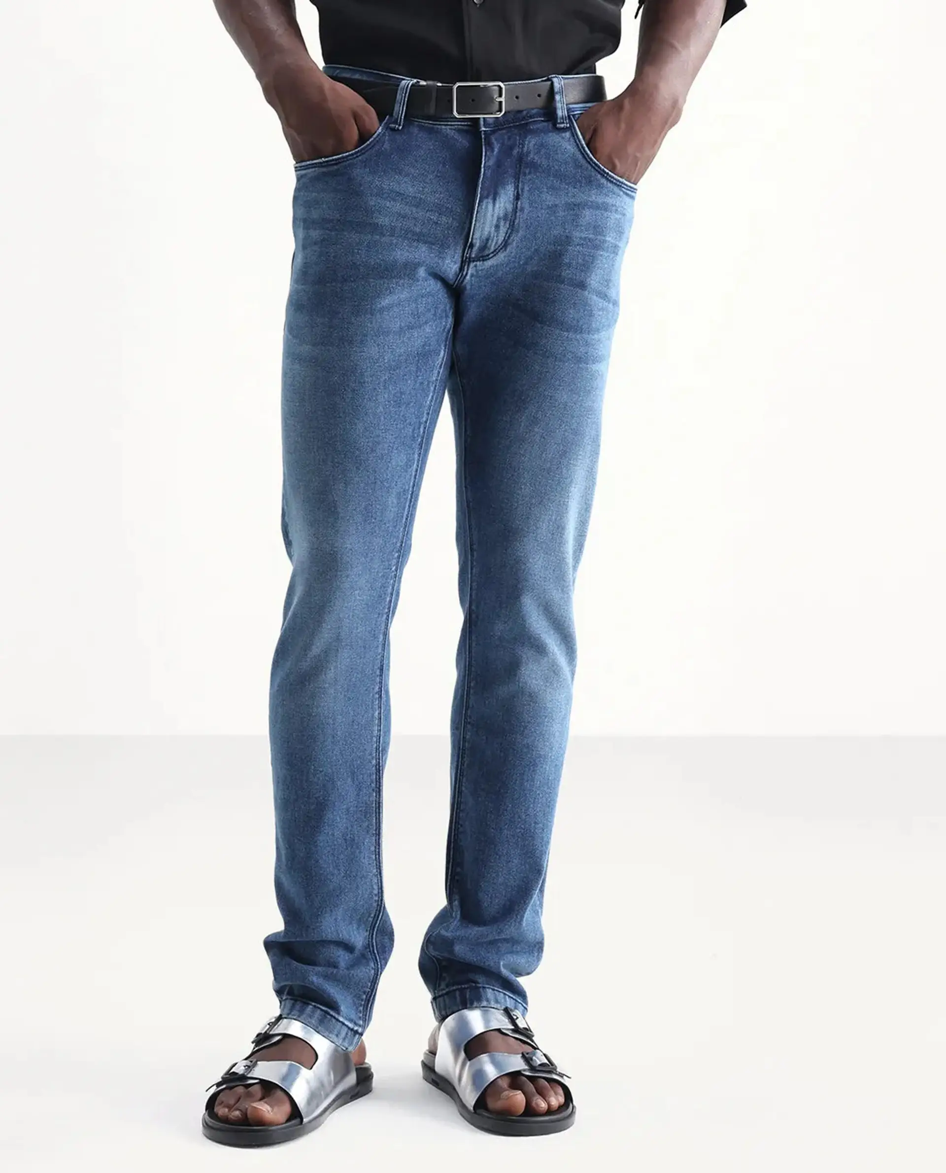 Rare Rabbit Men's Widz Blue Cotton Plain Hawk Slim Fit Jeans - Image 10