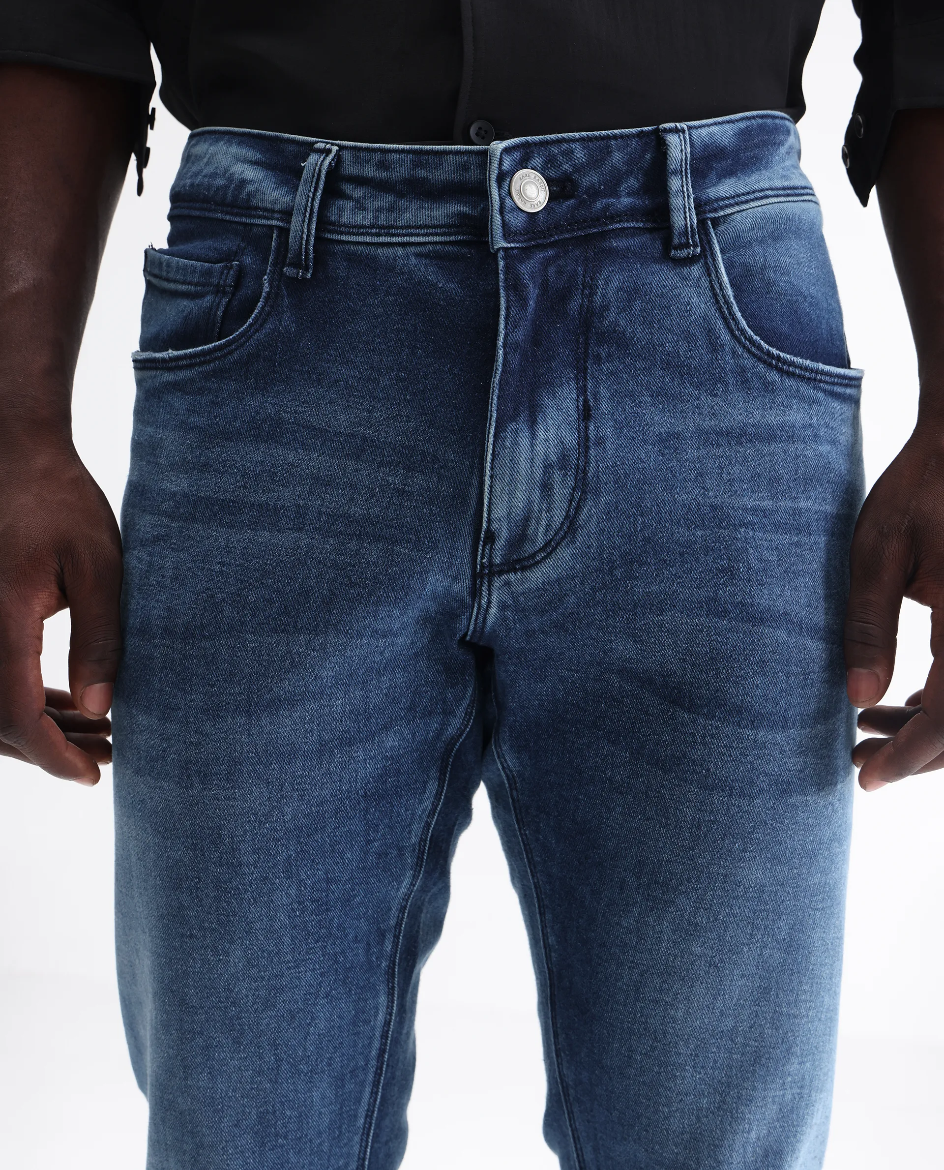 Rare Rabbit Men's Widz Blue Cotton Plain Hawk Slim Fit Jeans - Image 4