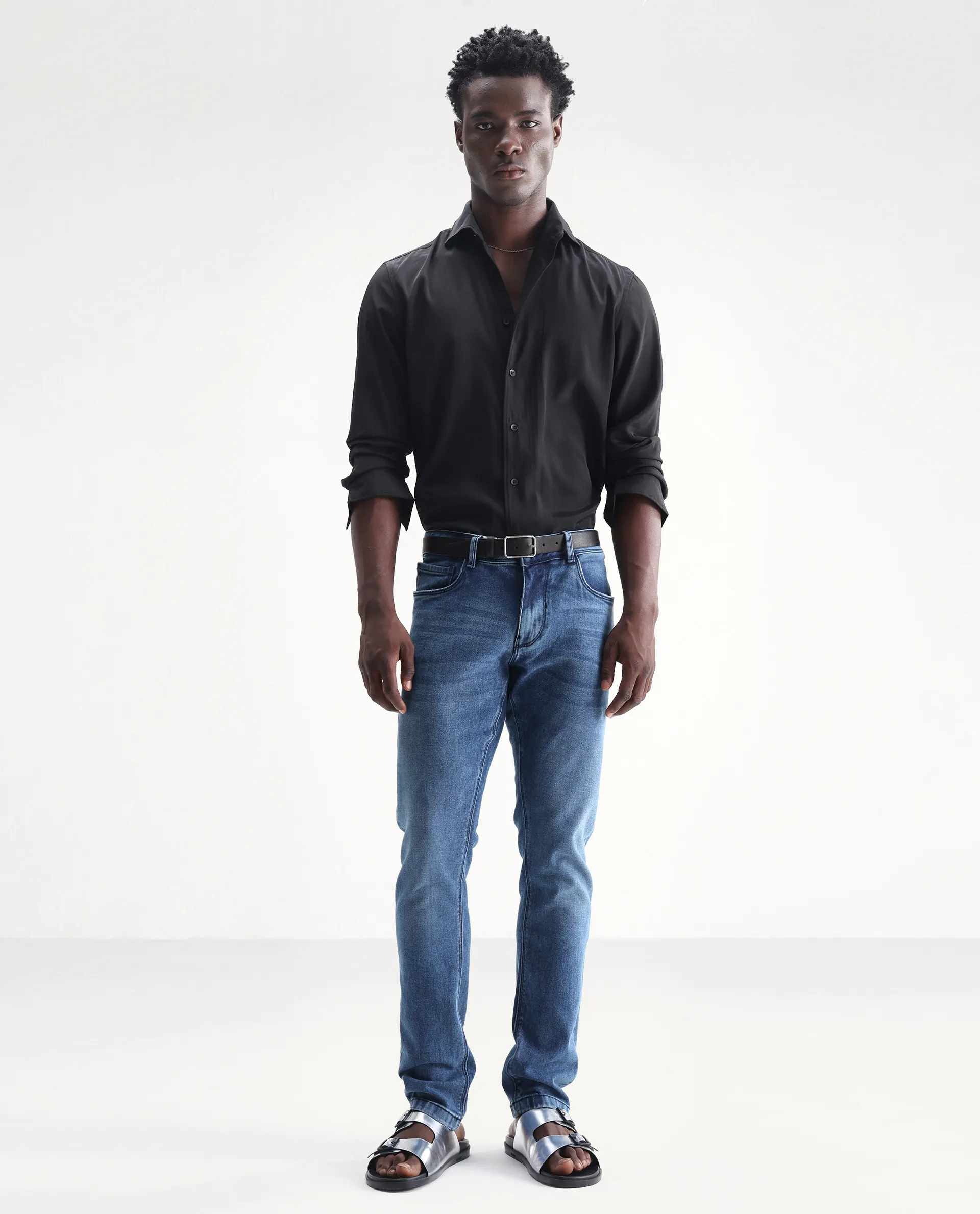 Rare Rabbit Men's Widz Blue Cotton Plain Hawk Slim Fit Jeans - Image 5