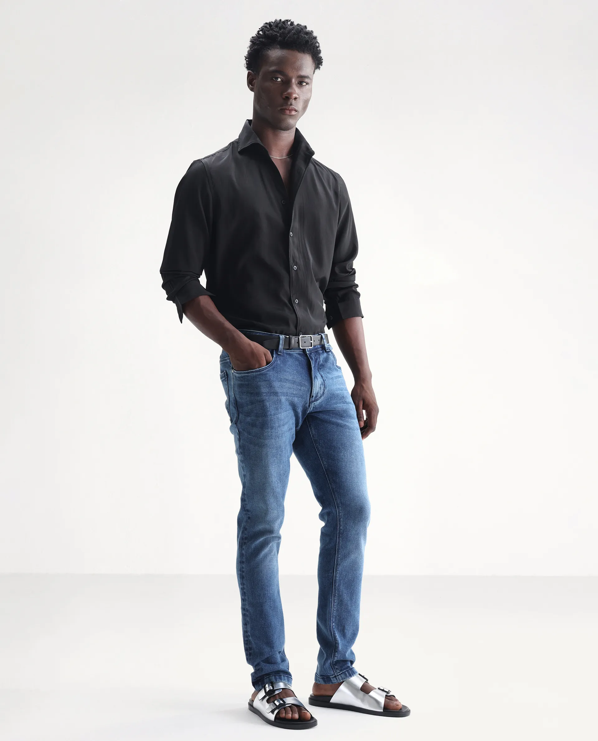 Rare Rabbit Men's Widz Blue Cotton Plain Hawk Slim Fit Jeans - Image 6