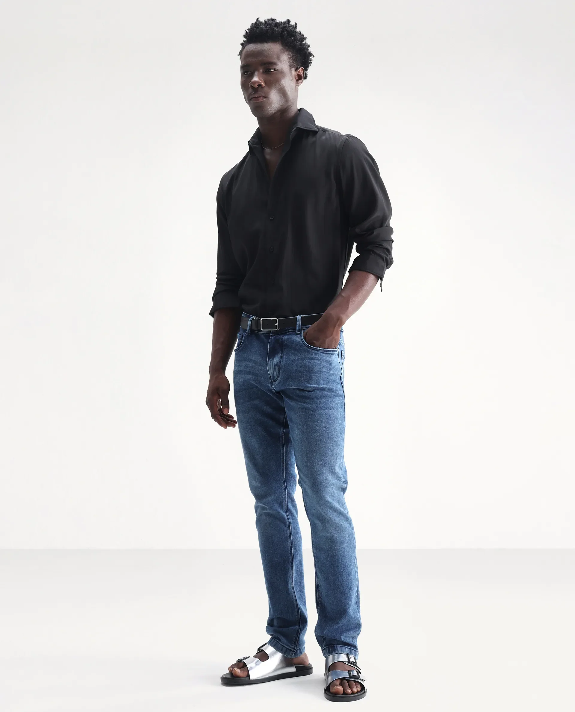 Rare Rabbit Men's Widz Blue Cotton Plain Hawk Slim Fit Jeans - Image 7