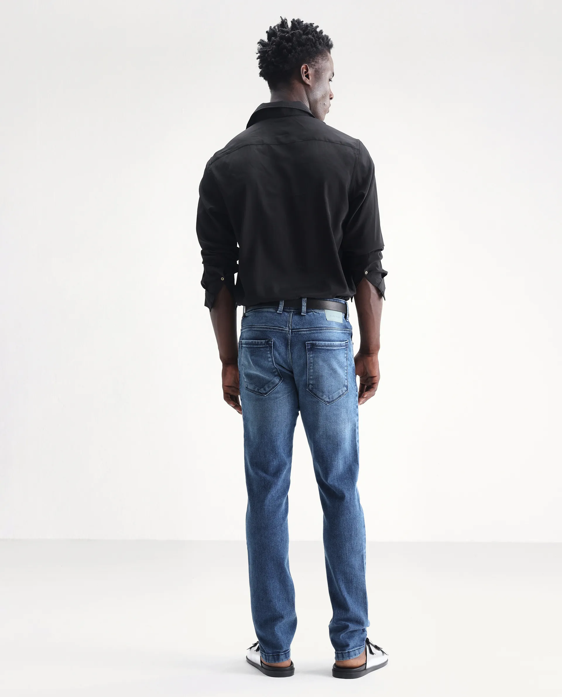 Rare Rabbit Men's Widz Blue Cotton Plain Hawk Slim Fit Jeans - Image 9