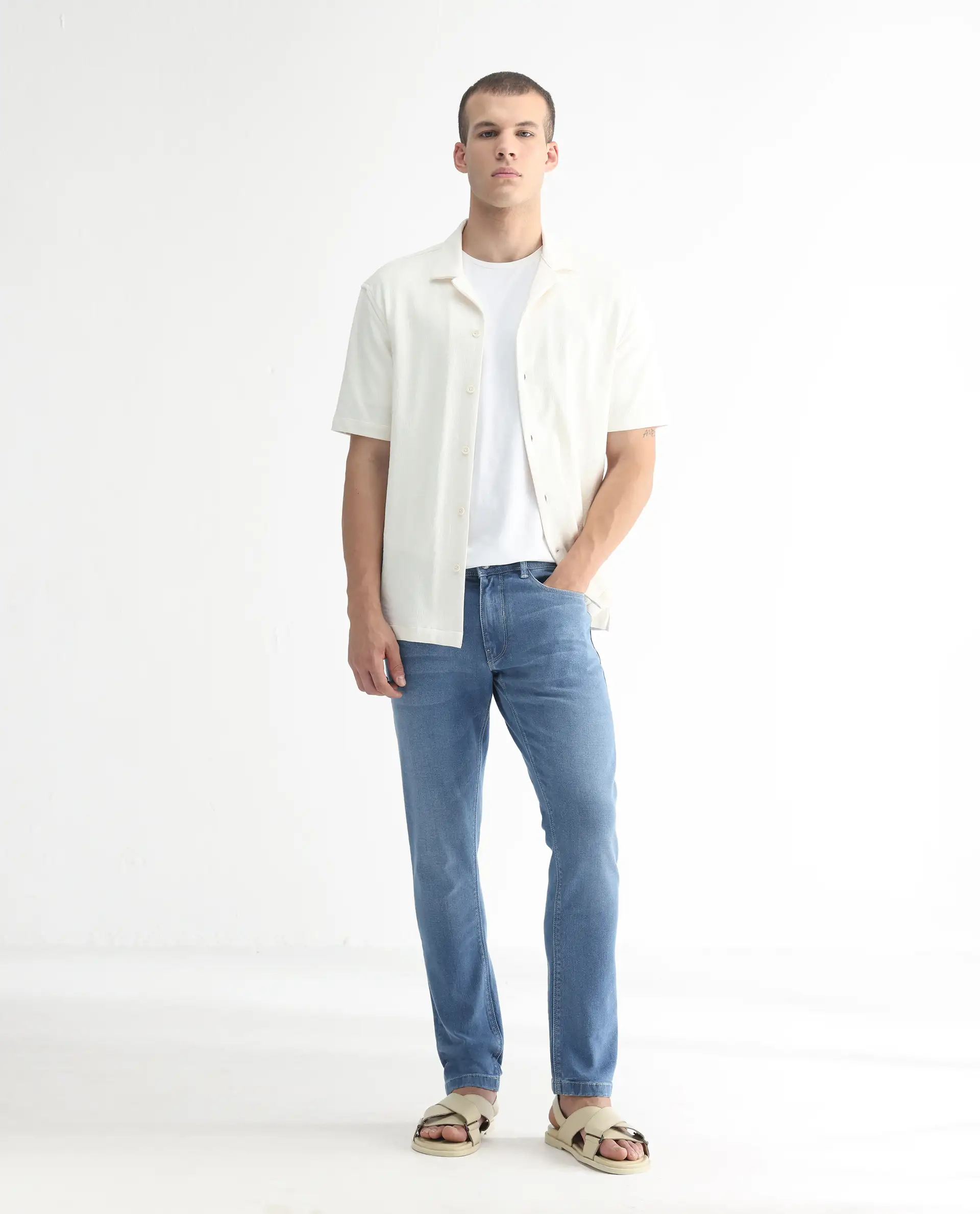 Rare Rabbit Men's Widz Light Blue Cotton Plain Hawk Slim Fit Jeans