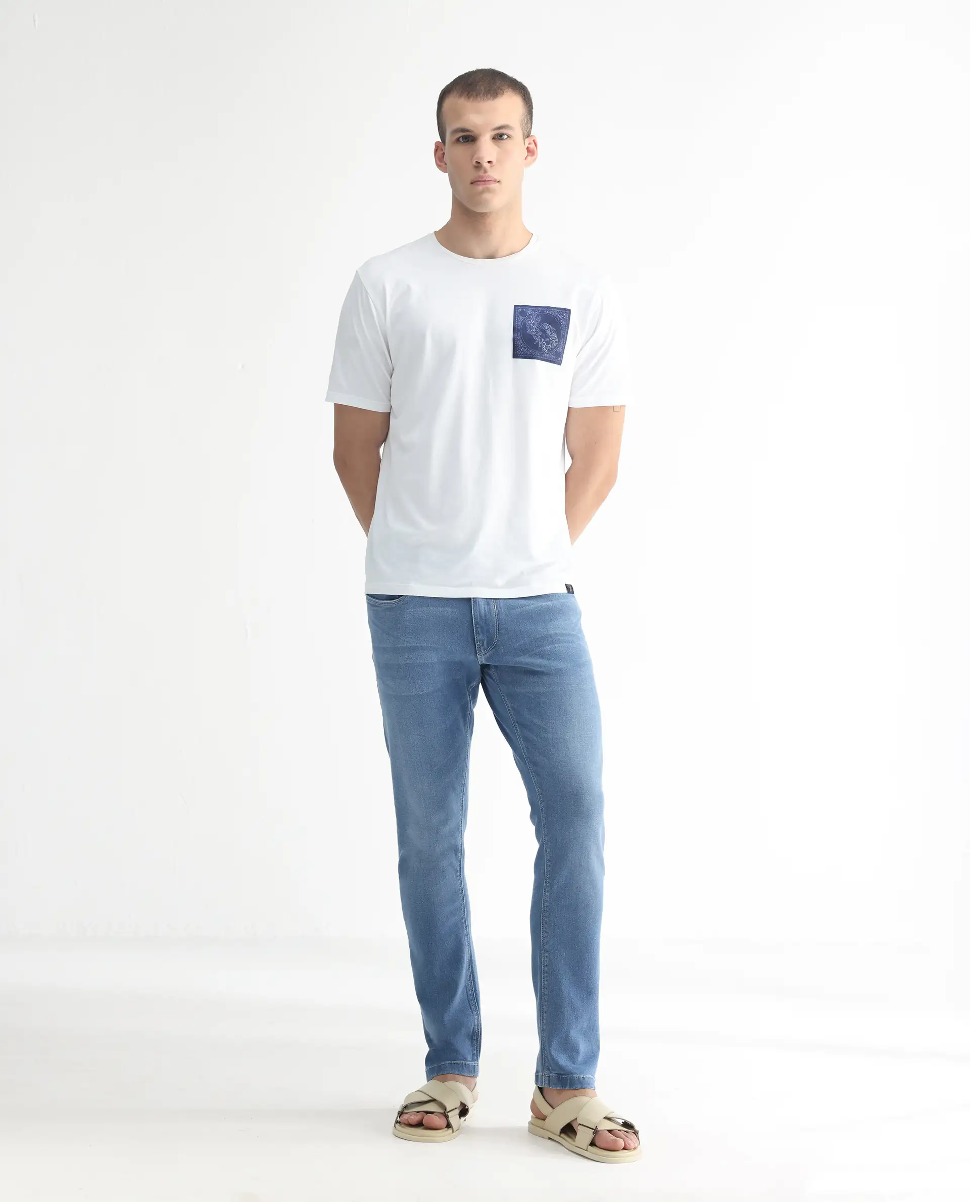Rare Rabbit Men's Widz Light Blue Cotton Plain Hawk Slim Fit Jeans - Image 3