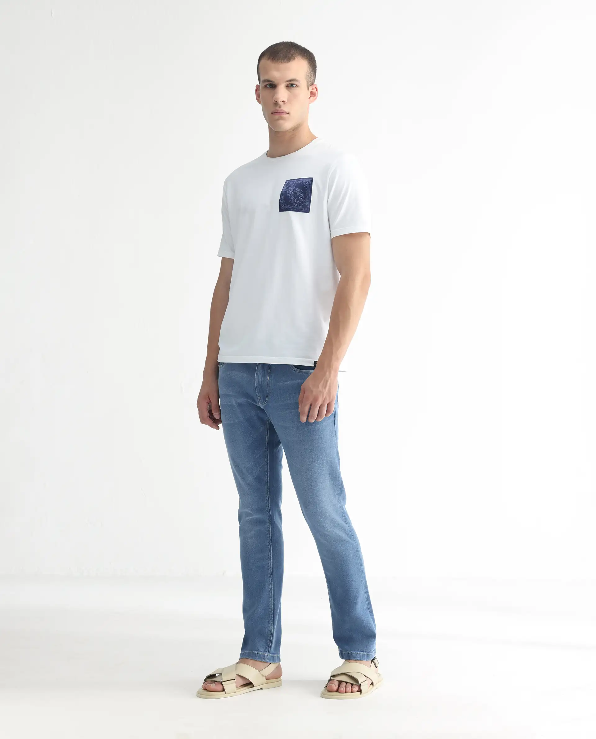 Rare Rabbit Men's Widz Light Blue Cotton Plain Hawk Slim Fit Jeans - Image 4