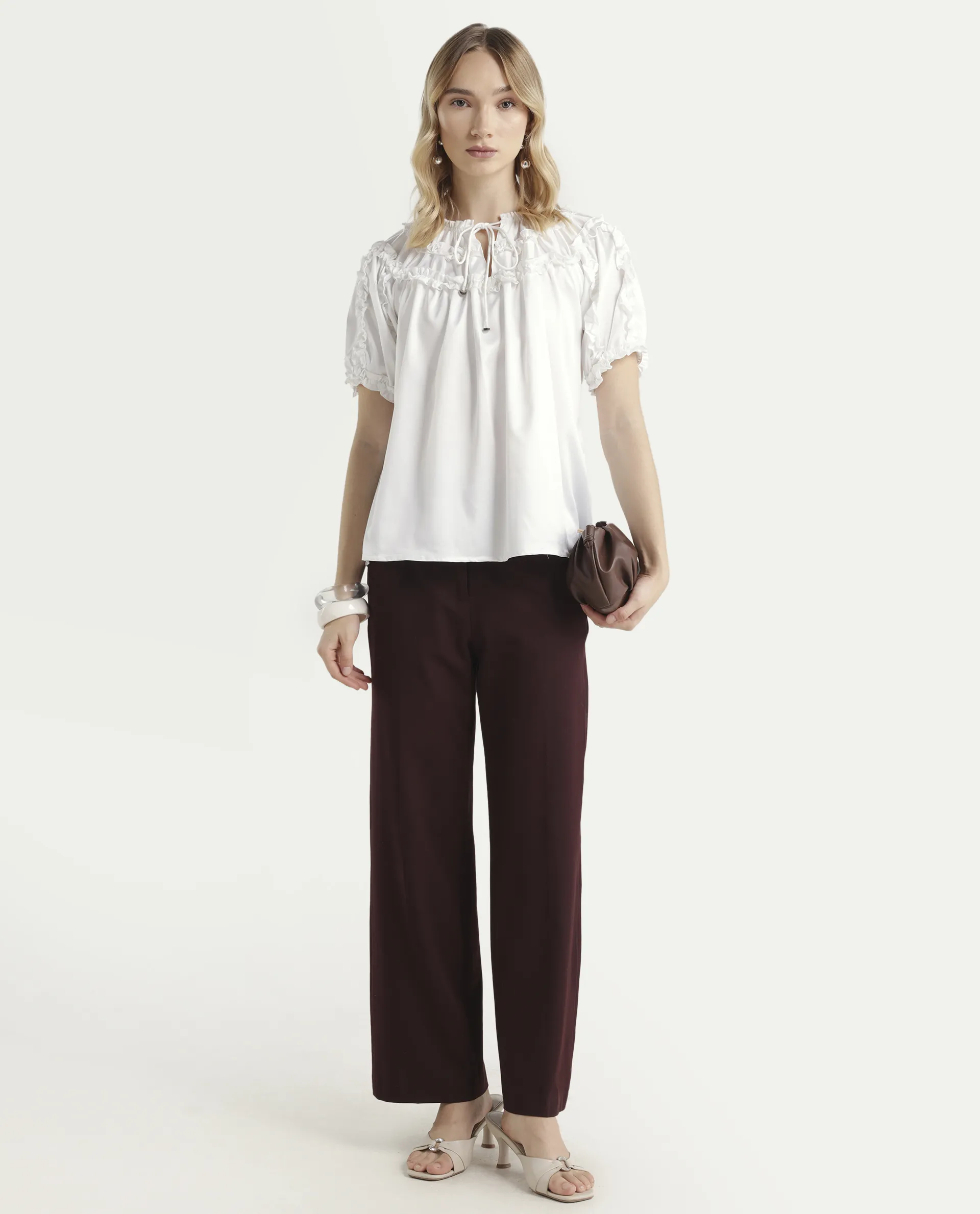 Rareism Women's William White Polyester Tie-Up Neck Plain Puff Sleeves Regular Fit Top - Image 2