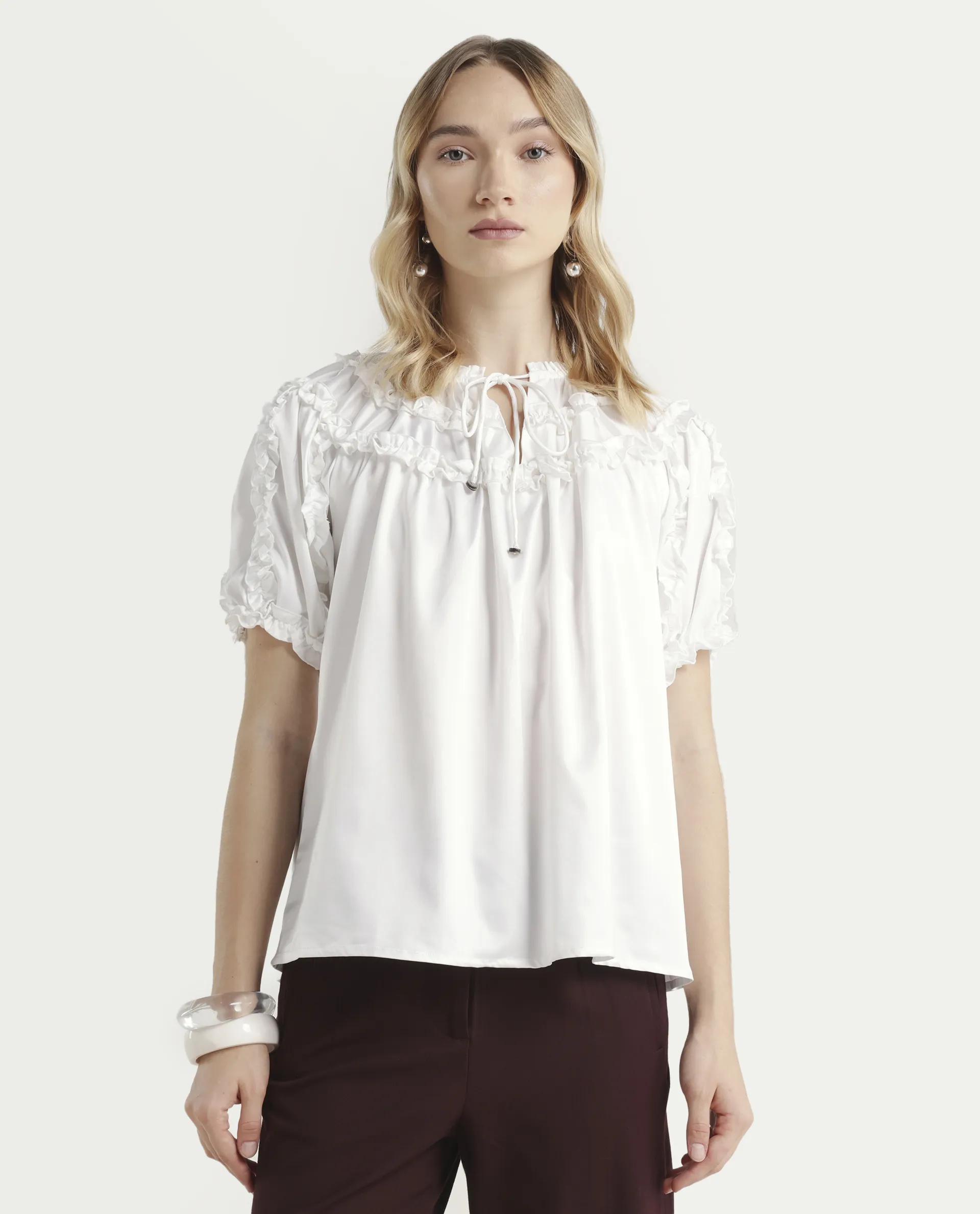 Rareism Women's William White Polyester Tie-Up Neck Plain Puff Sleeves Regular Fit Top - Image 3