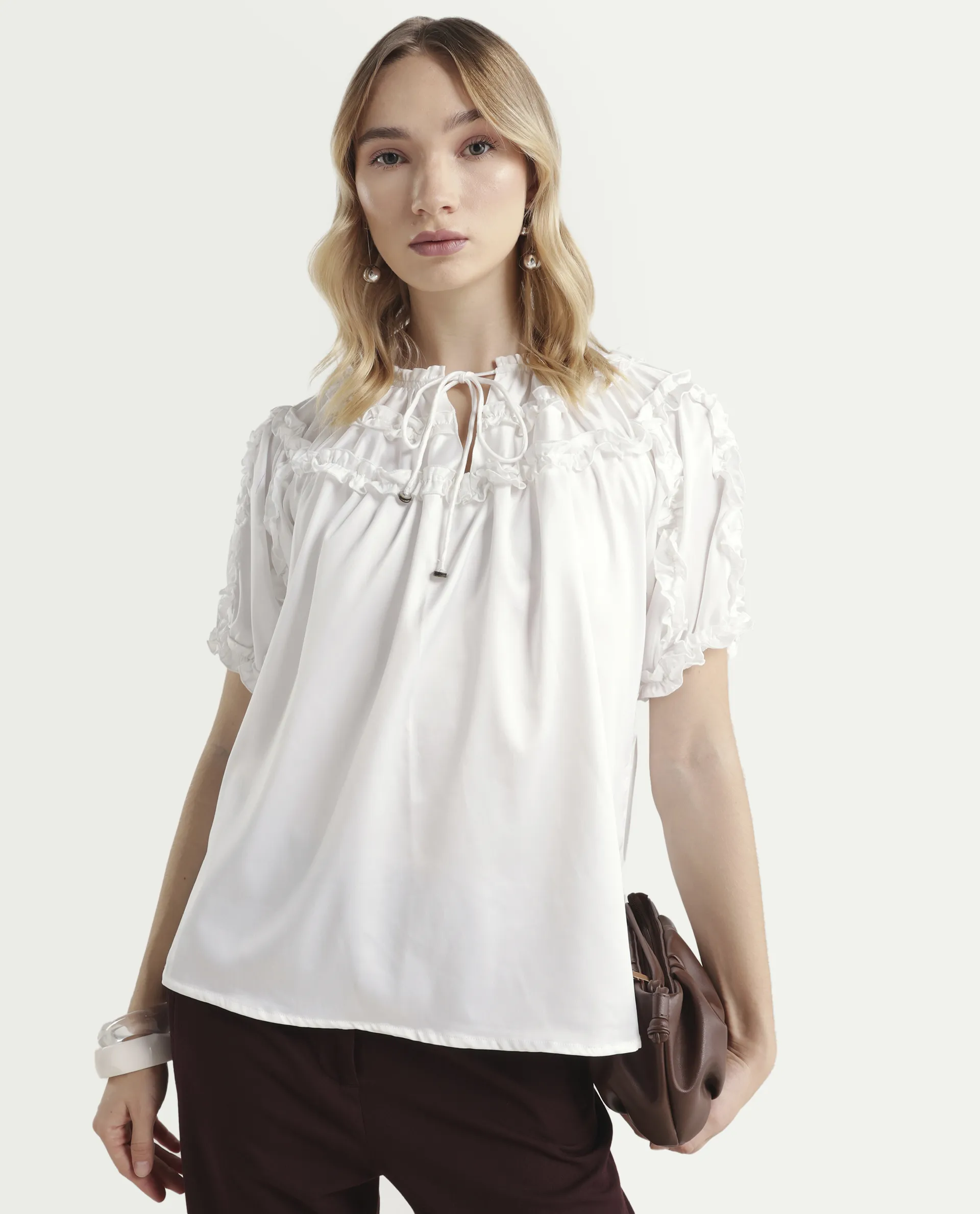 Rareism Women's William White Polyester Tie-Up Neck Plain Puff Sleeves Regular Fit Top - Image 4