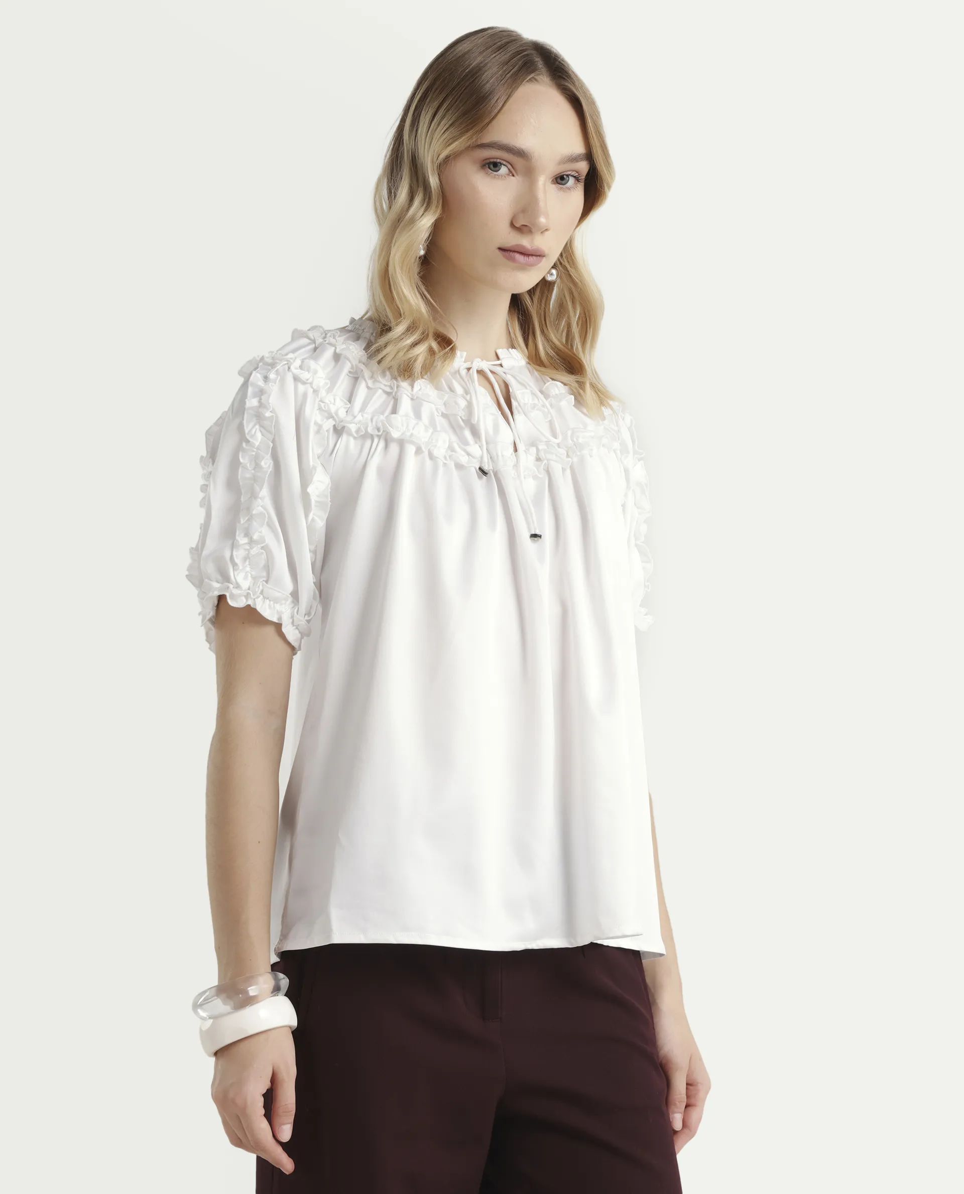 Rareism Women's William White Polyester Tie-Up Neck Plain Puff Sleeves Regular Fit Top - Image 5
