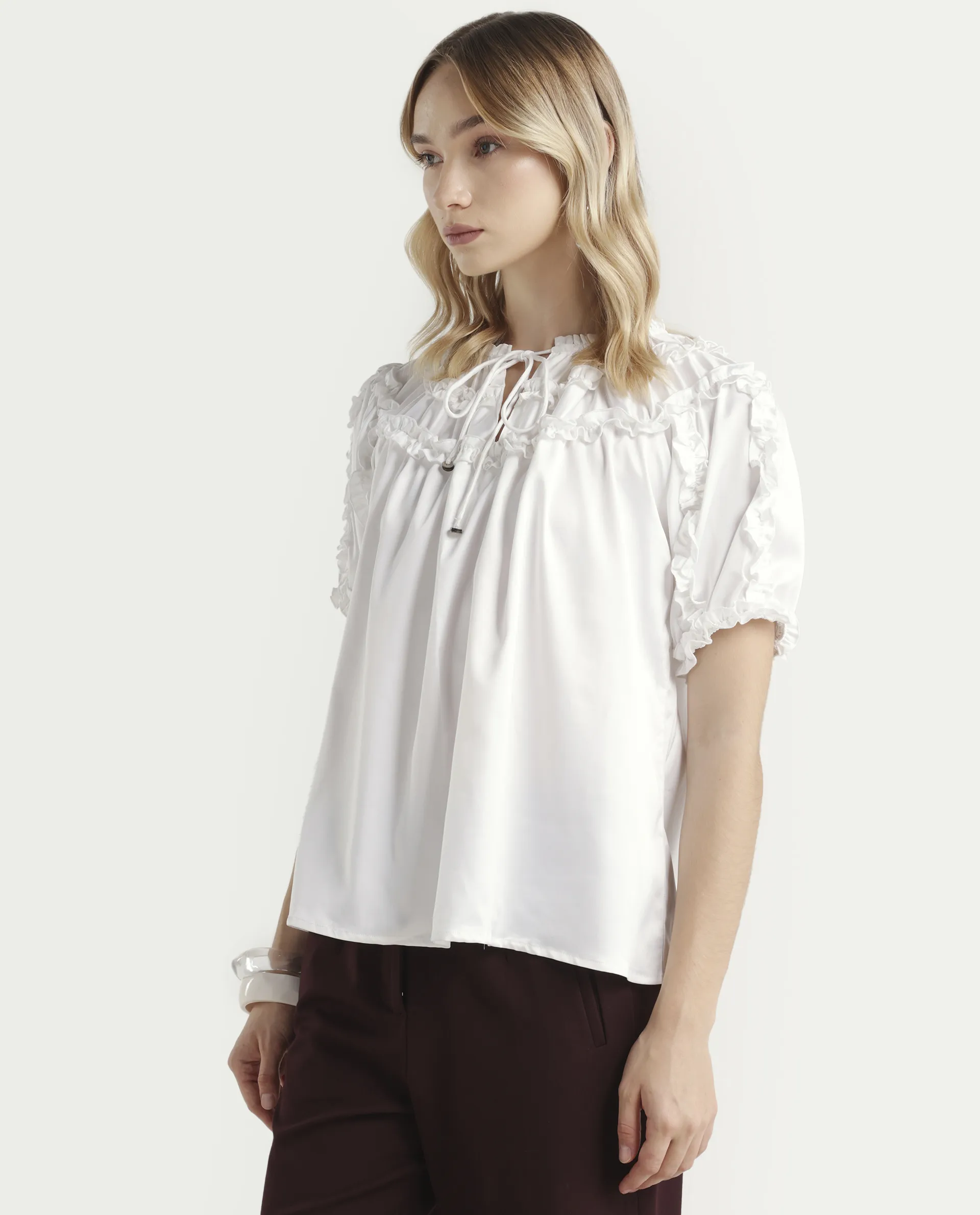 Rareism Women's William White Polyester Tie-Up Neck Plain Puff Sleeves Regular Fit Top - Image 6