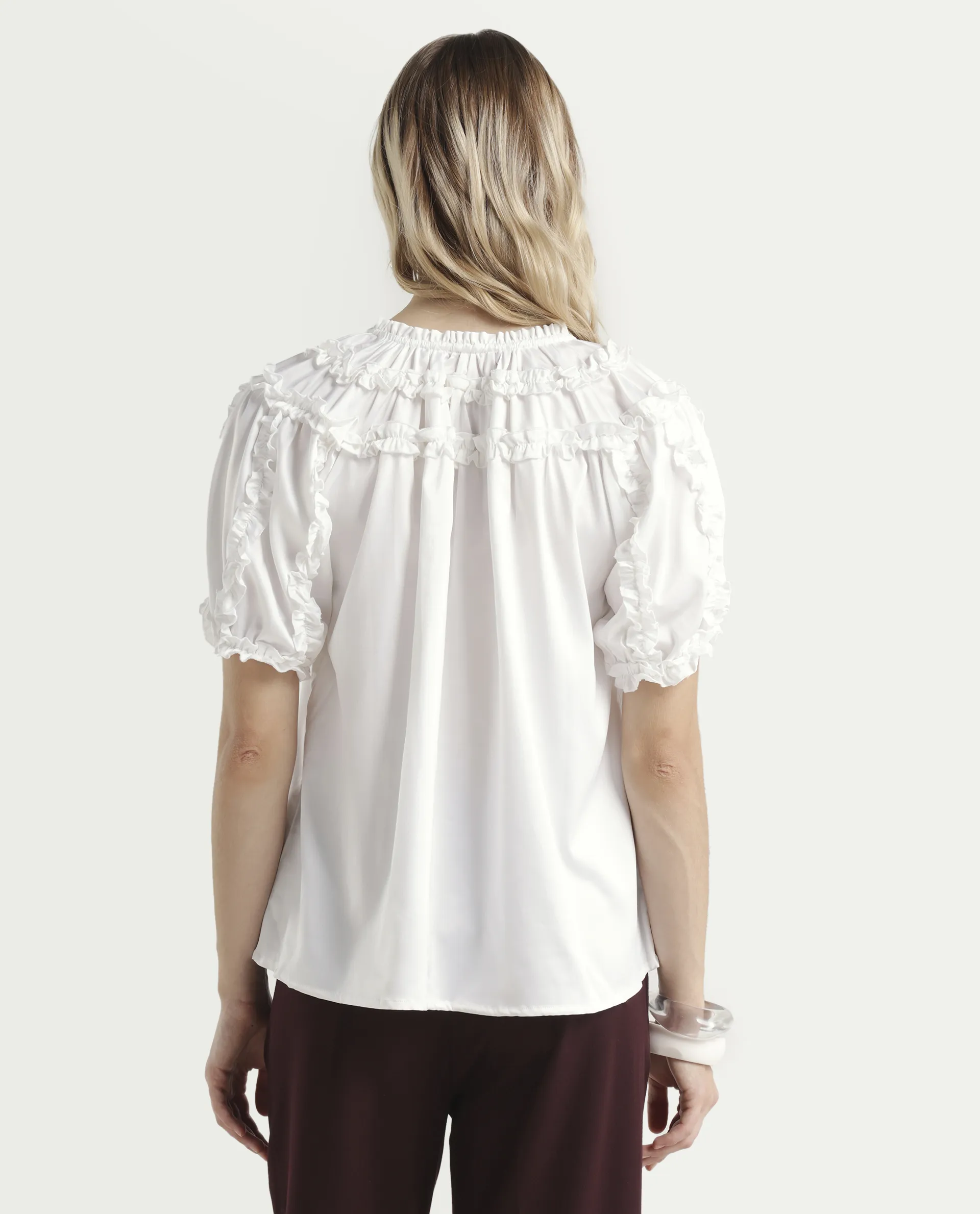 Rareism Women's William White Polyester Tie-Up Neck Plain Puff Sleeves Regular Fit Top - Image 7