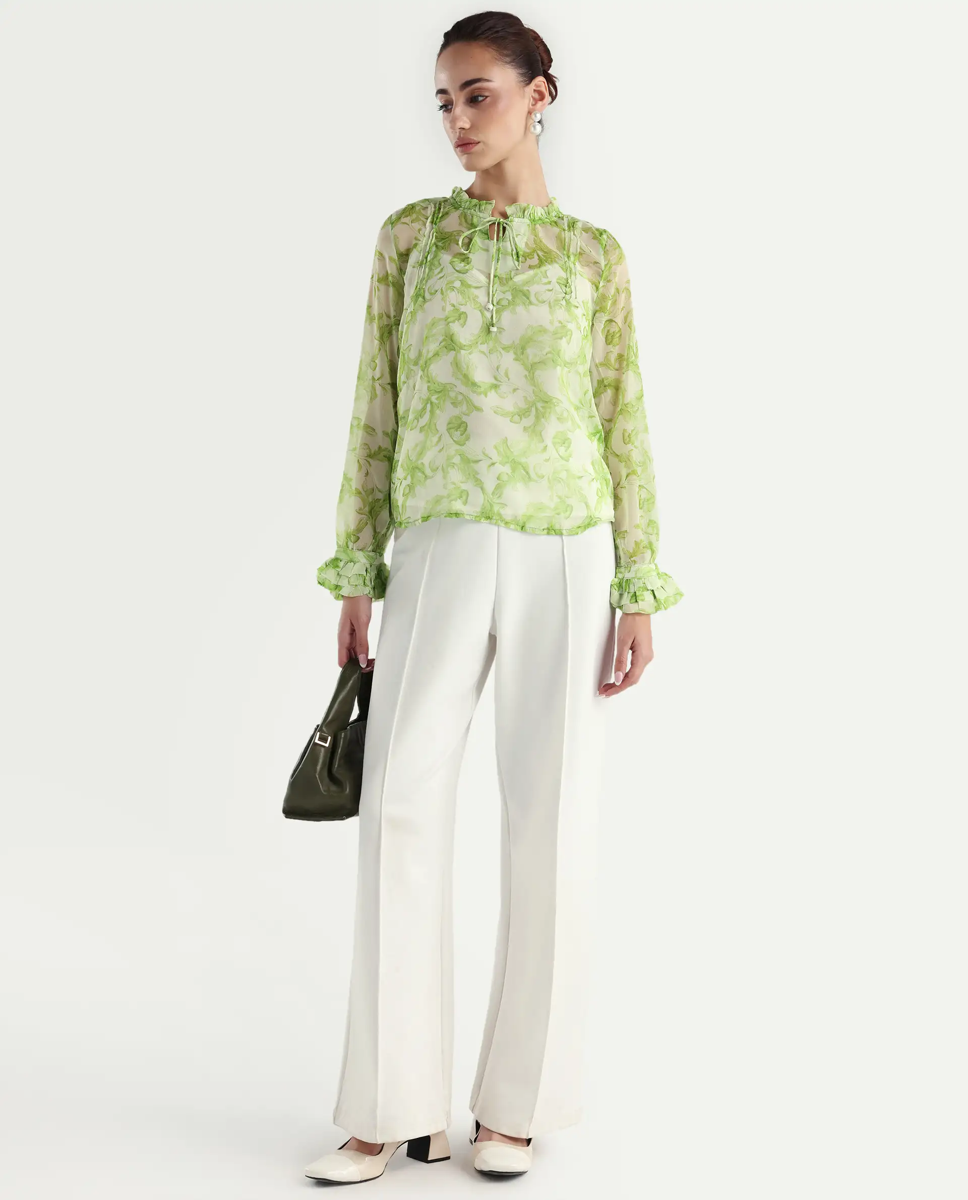 Rareism Women's Willow Green Polyester Tie-Up Neck Tropical Print Ruffled Sleeve Regular Fit Top - Image 2