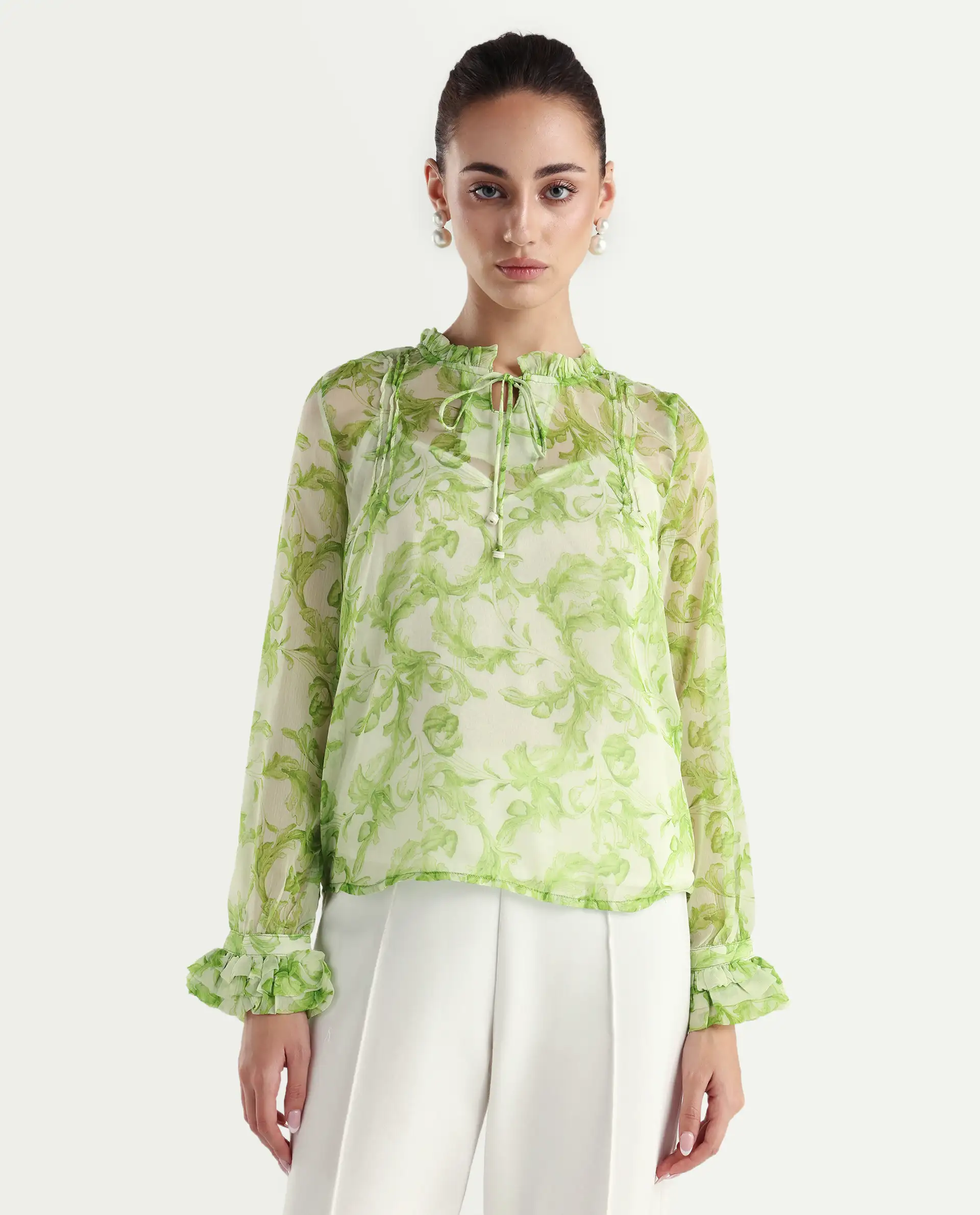 Rareism Women's Willow Green Polyester Tie-Up Neck Tropical Print Ruffled Sleeve Regular Fit Top - Image 4