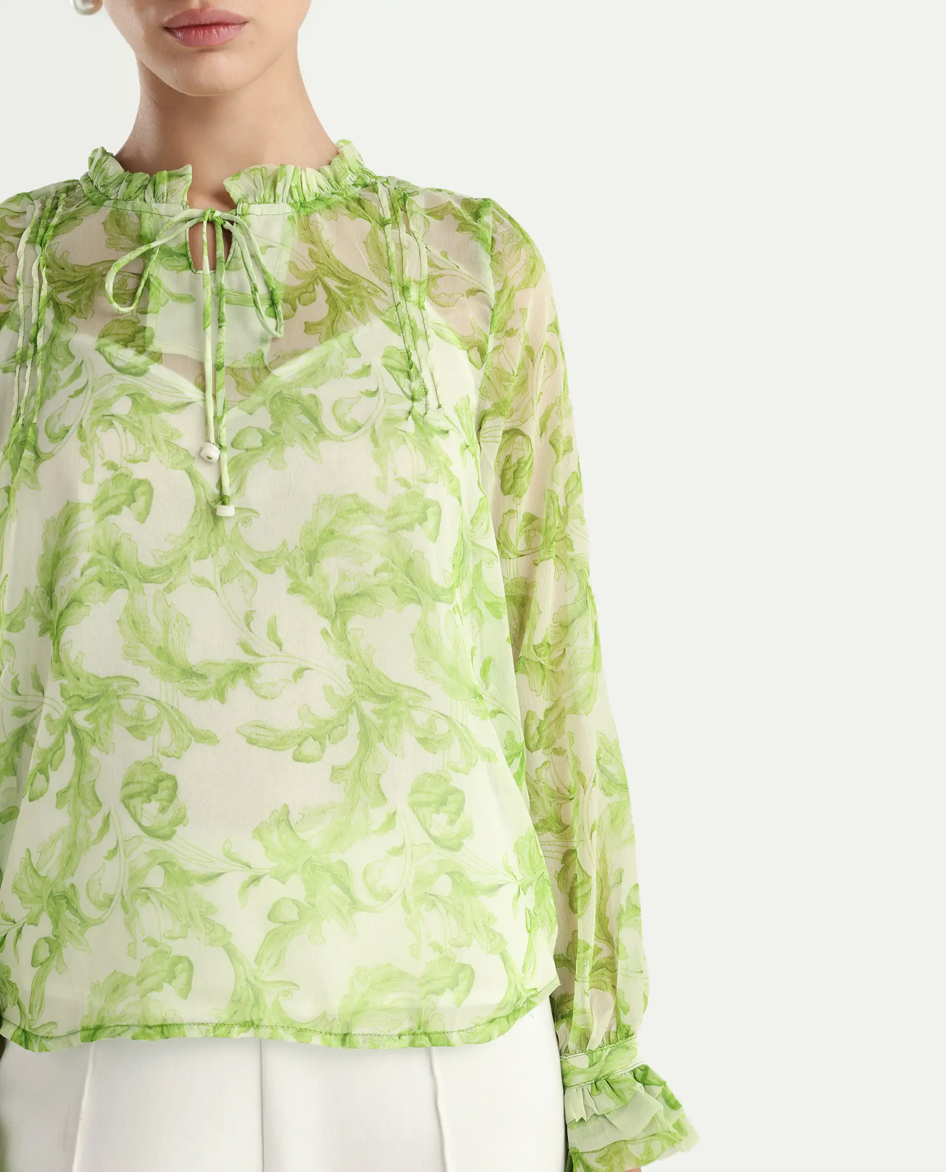 Rareism Women's Willow Green Polyester Tie-Up Neck Tropical Print Ruffled Sleeve Regular Fit Top - Image 5