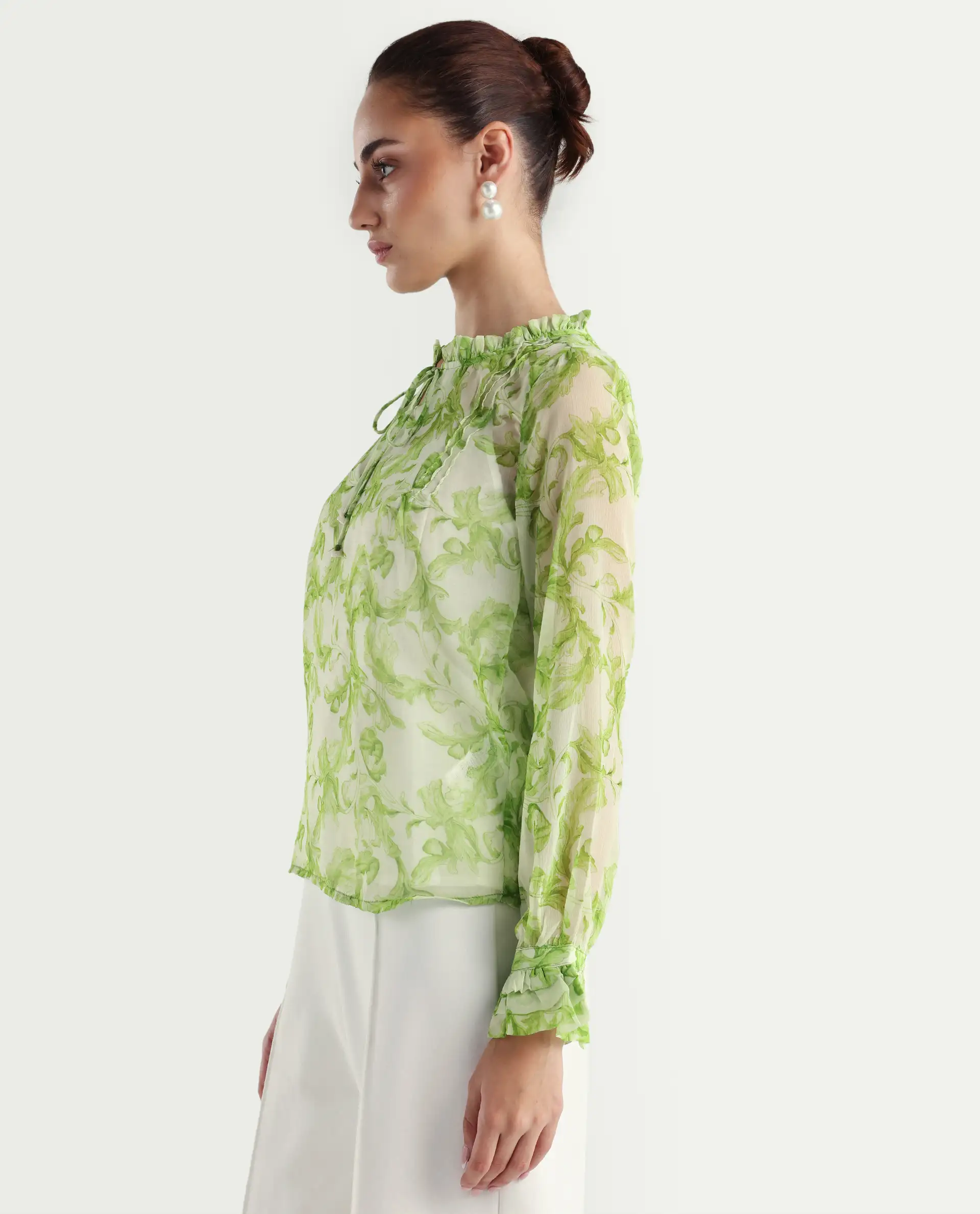 Rareism Women's Willow Green Polyester Tie-Up Neck Tropical Print Ruffled Sleeve Regular Fit Top - Image 6