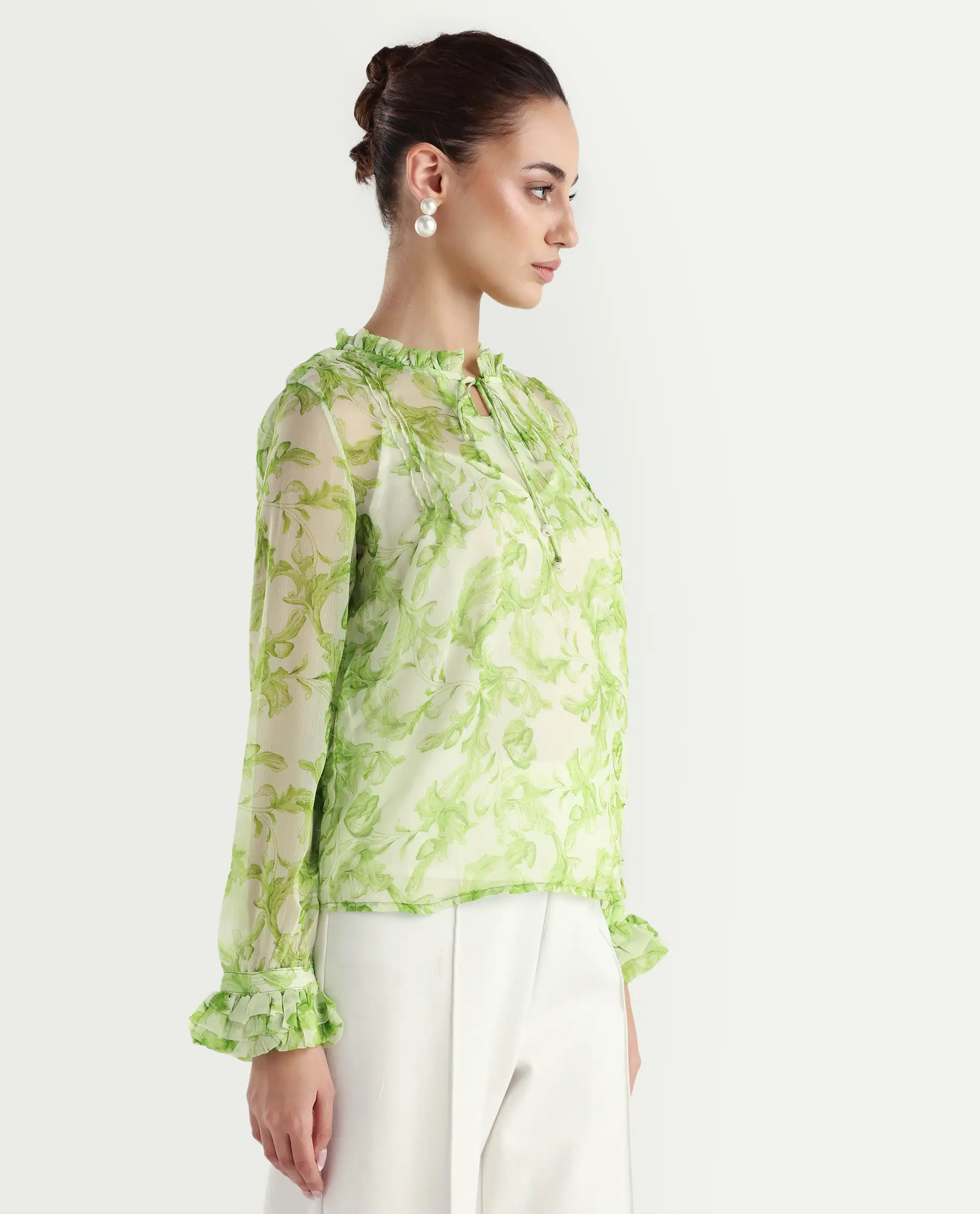 Rareism Women's Willow Green Polyester Tie-Up Neck Tropical Print Ruffled Sleeve Regular Fit Top - Image 7