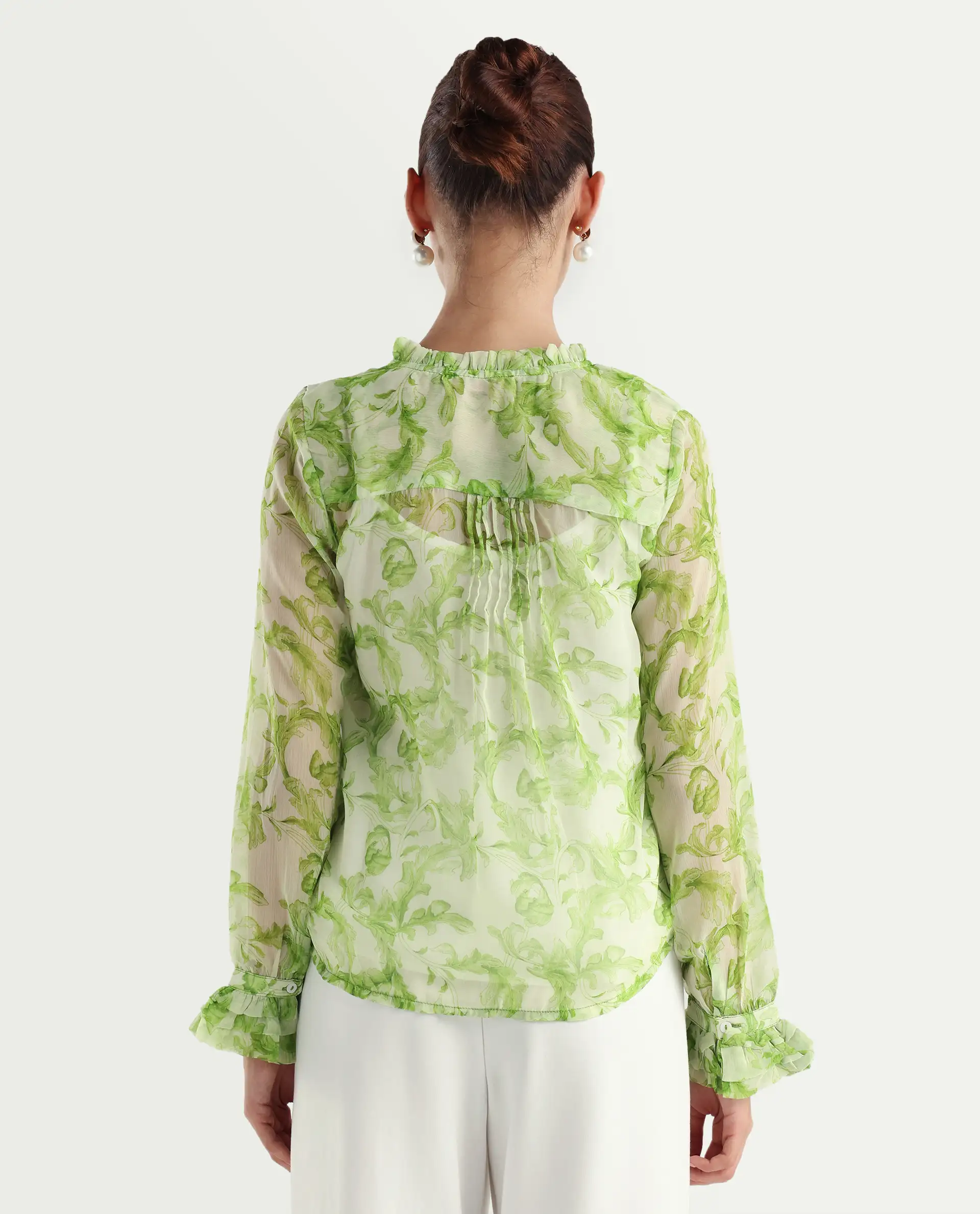 Rareism Women's Willow Green Polyester Tie-Up Neck Tropical Print Ruffled Sleeve Regular Fit Top - Image 8