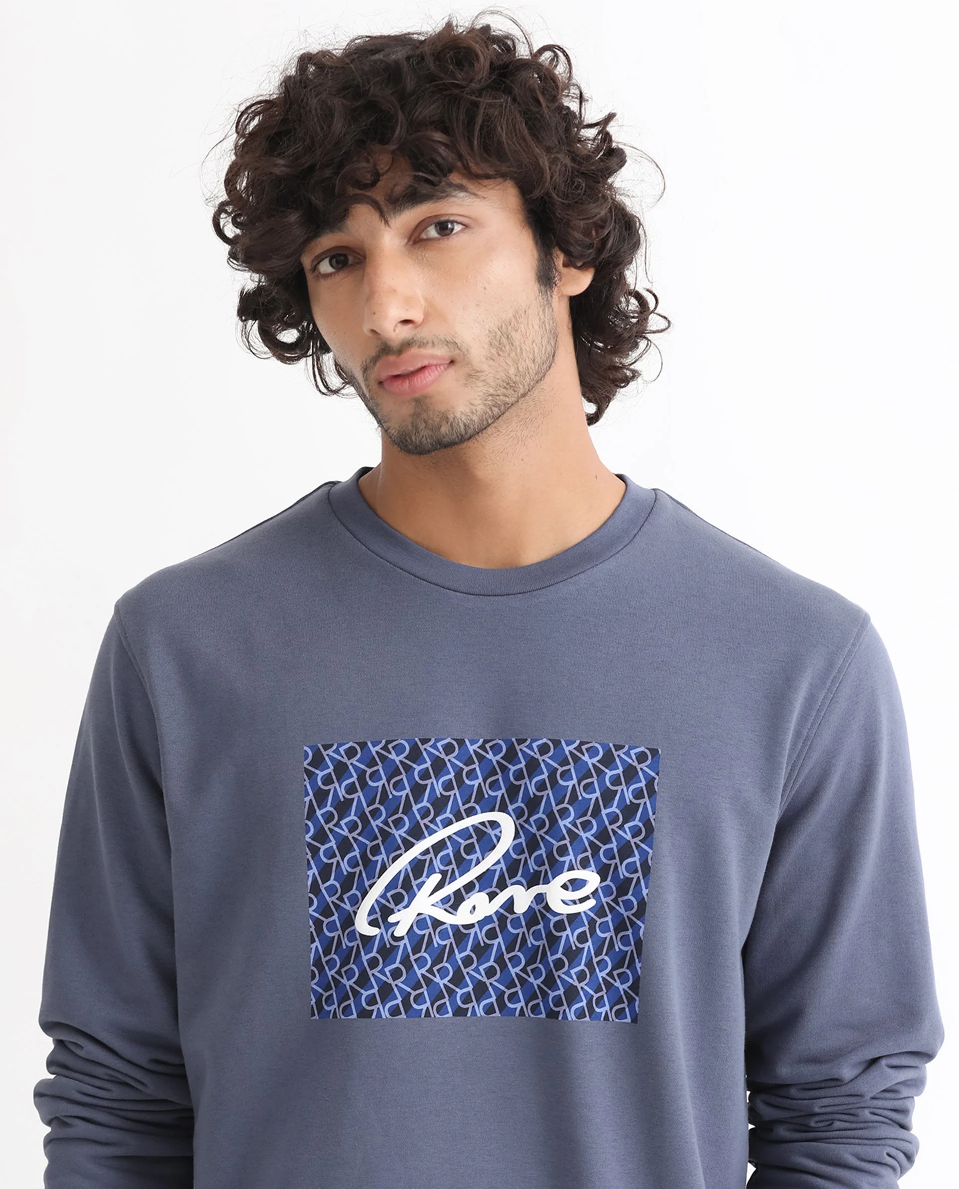 Rare Rabbit Men's Wiltonn Blue Cotton Graphic Print Regular Fit Full Sleeve Crew Neck Sweatshirt
