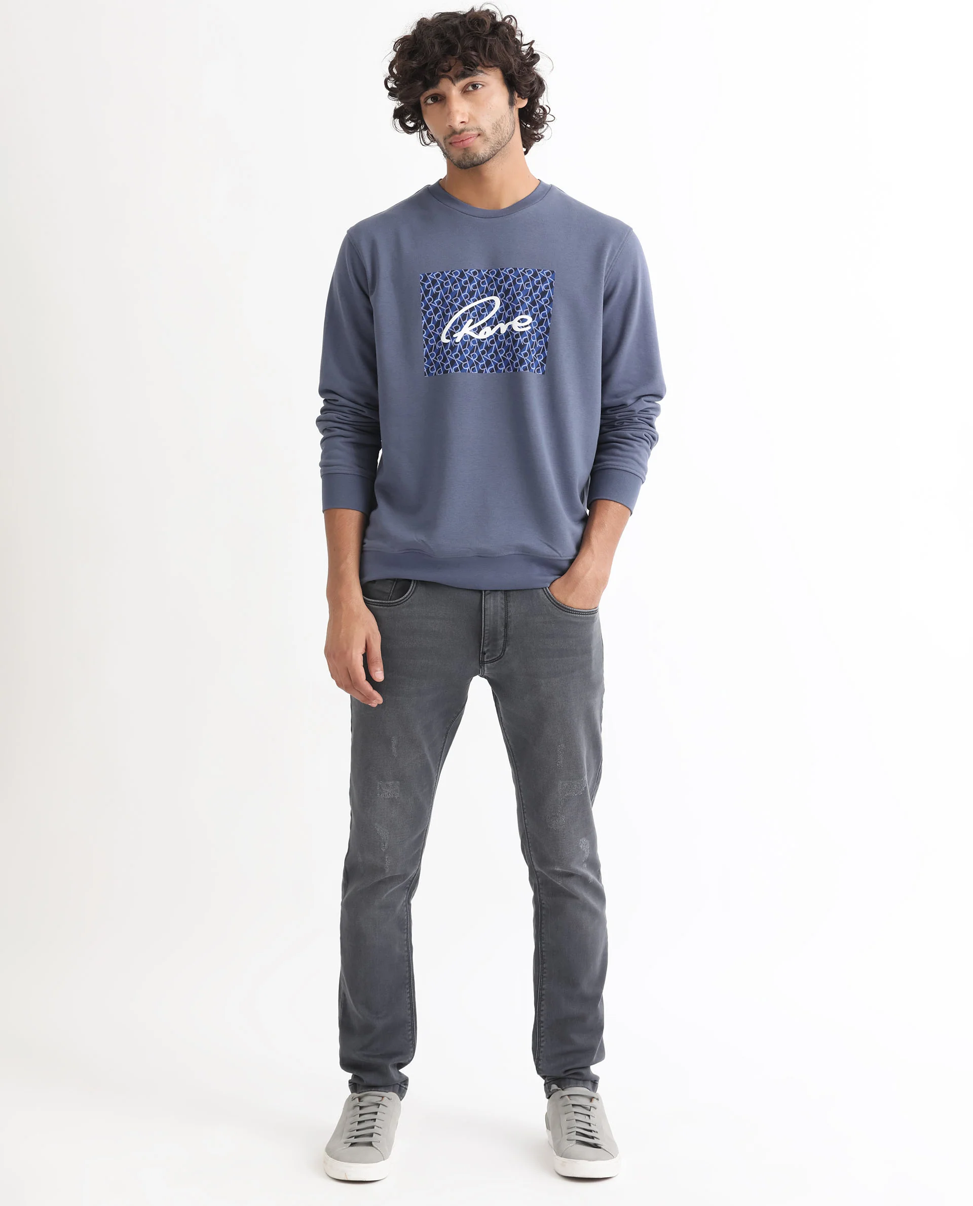 Rare Rabbit Men's Wiltonn Blue Cotton Graphic Print Regular Fit Full Sleeve Crew Neck Sweatshirt - Image 2