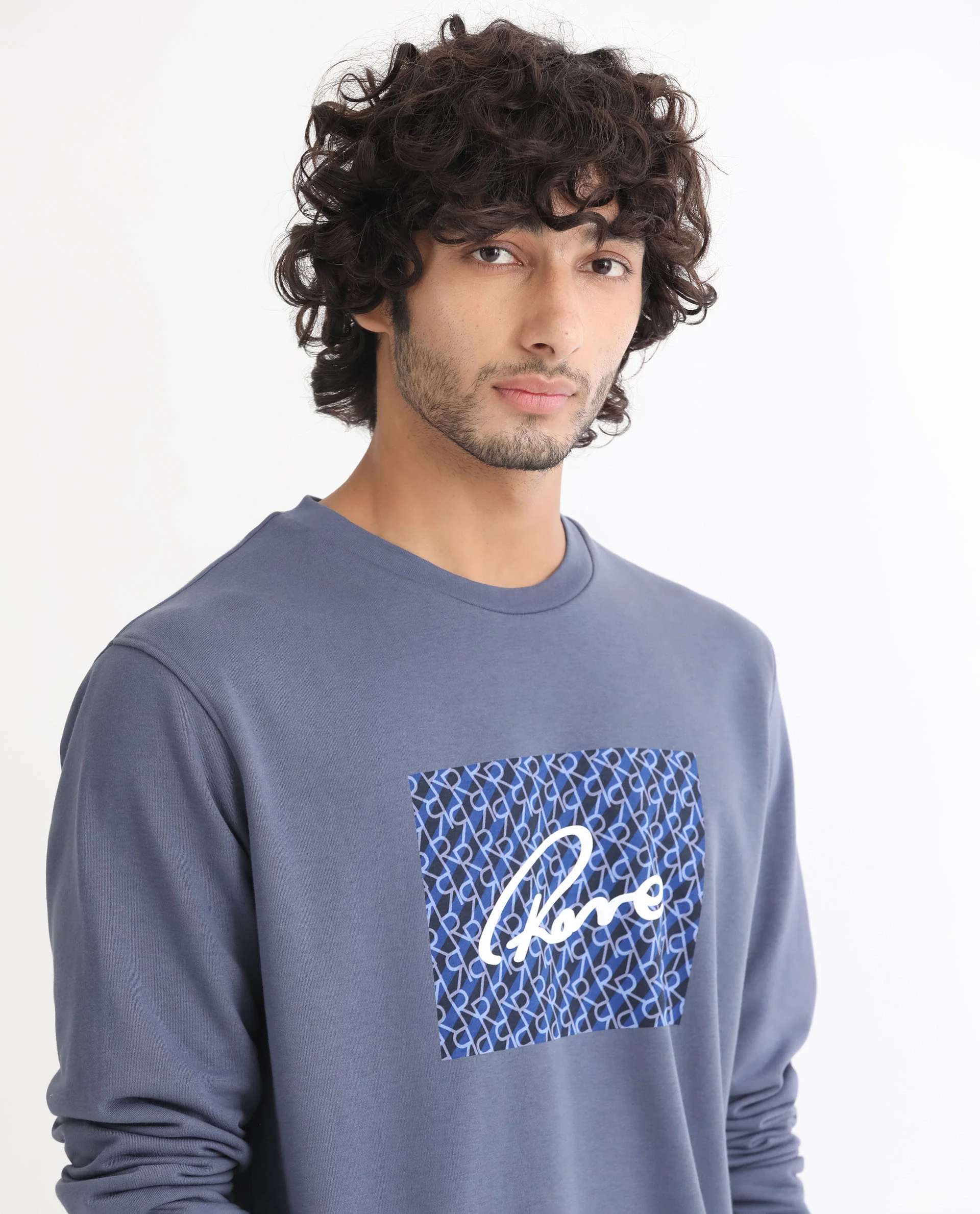 Rare Rabbit Men's Wiltonn Blue Cotton Graphic Print Regular Fit Full Sleeve Crew Neck Sweatshirt - Image 3