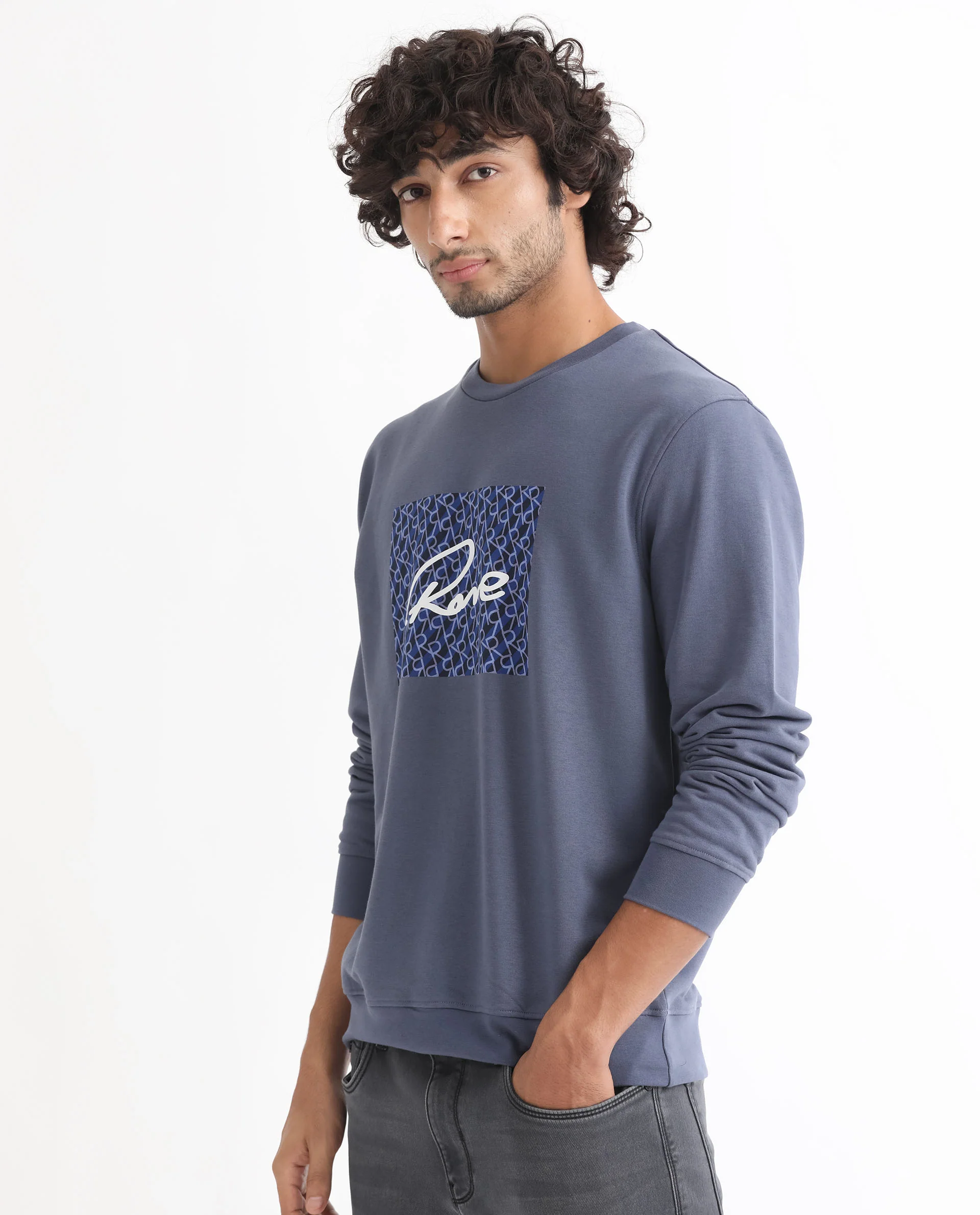 Rare Rabbit Men's Wiltonn Blue Cotton Graphic Print Regular Fit Full Sleeve Crew Neck Sweatshirt - Image 4