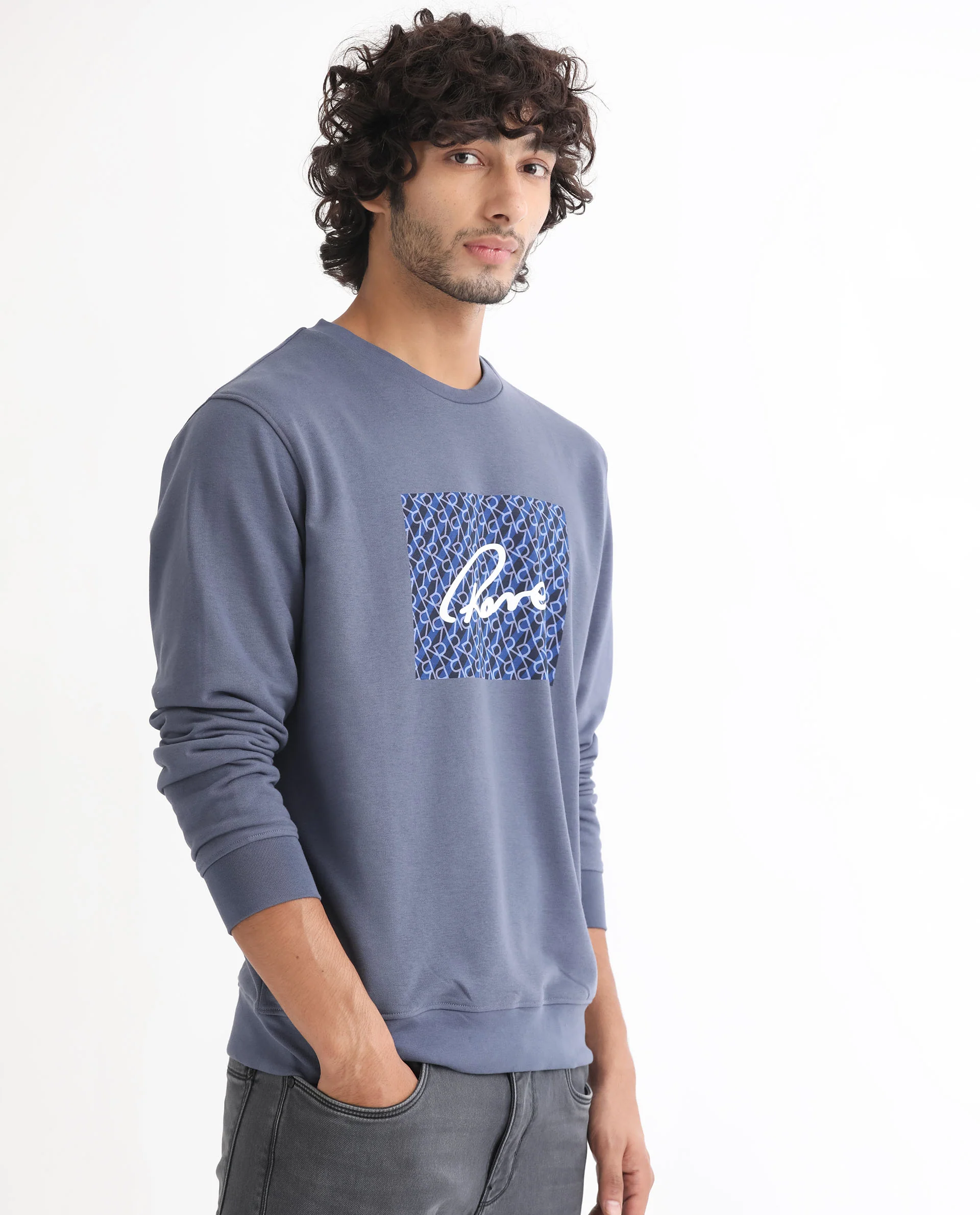 Rare Rabbit Men's Wiltonn Blue Cotton Graphic Print Regular Fit Full Sleeve Crew Neck Sweatshirt - Image 5