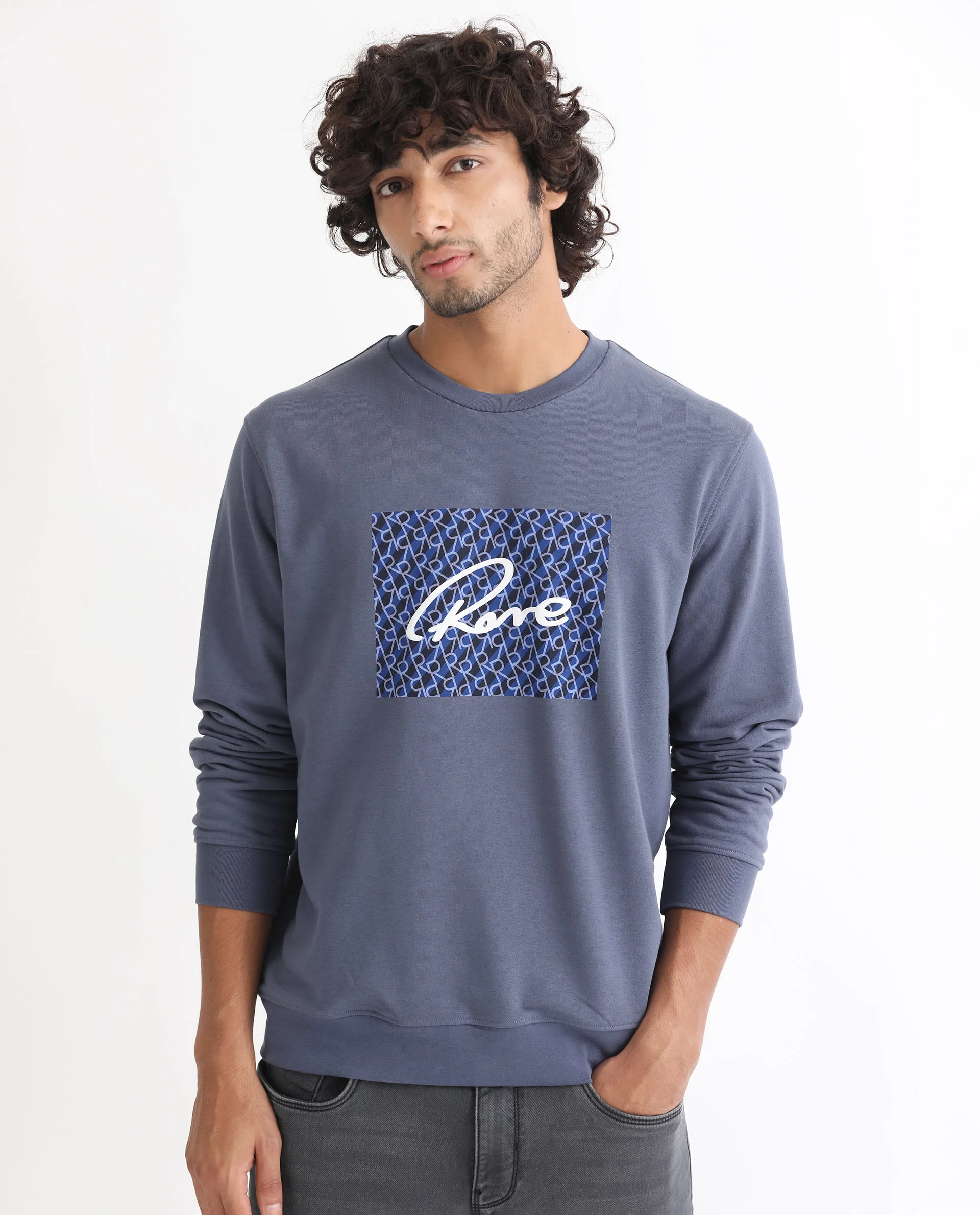 Rare Rabbit Men's Wiltonn Blue Cotton Graphic Print Regular Fit Full Sleeve Crew Neck Sweatshirt - Image 6
