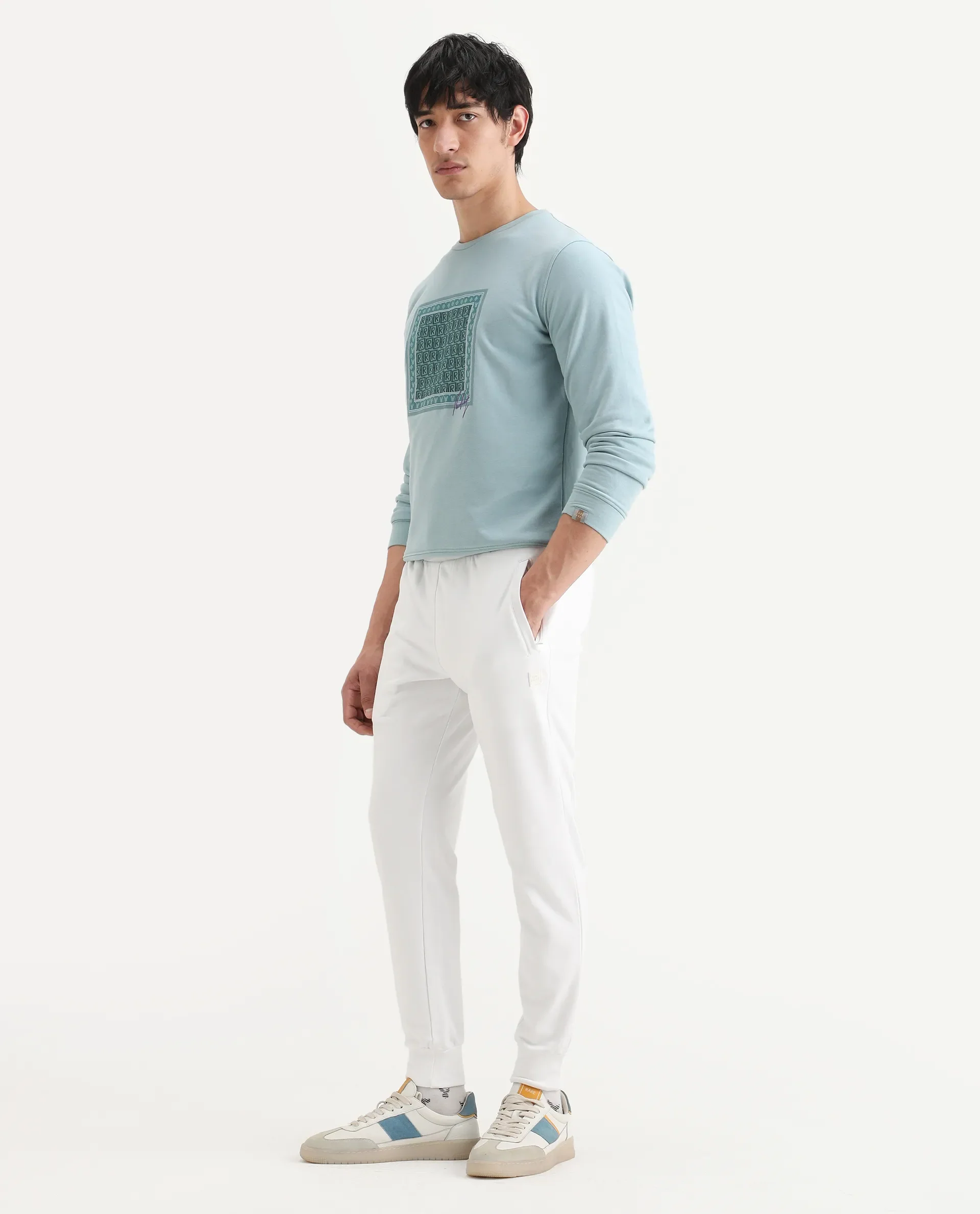 Rare Rabbit Men's Wimble White Cotton Plain Regular Fit Joggers - Image 6
