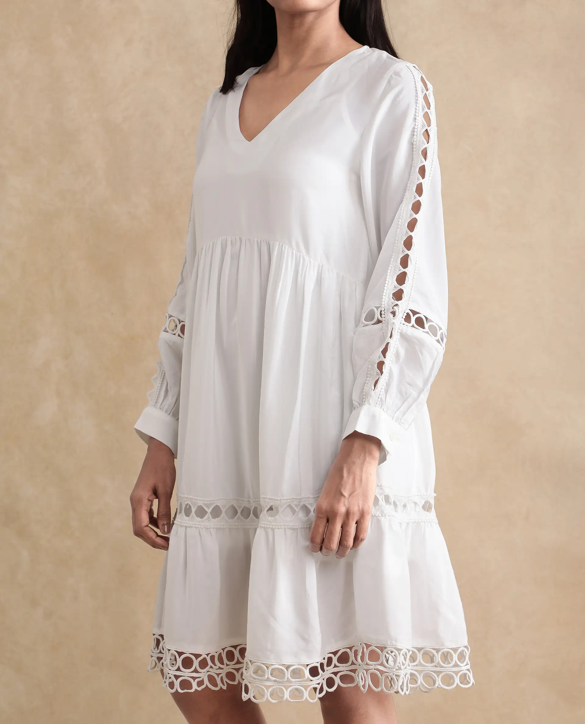 Rareism Women's Wimbledon White Polyester Mandarin Collar Plain Cuffed Sleeve Mini Relaxed Fit Dress - Image 2