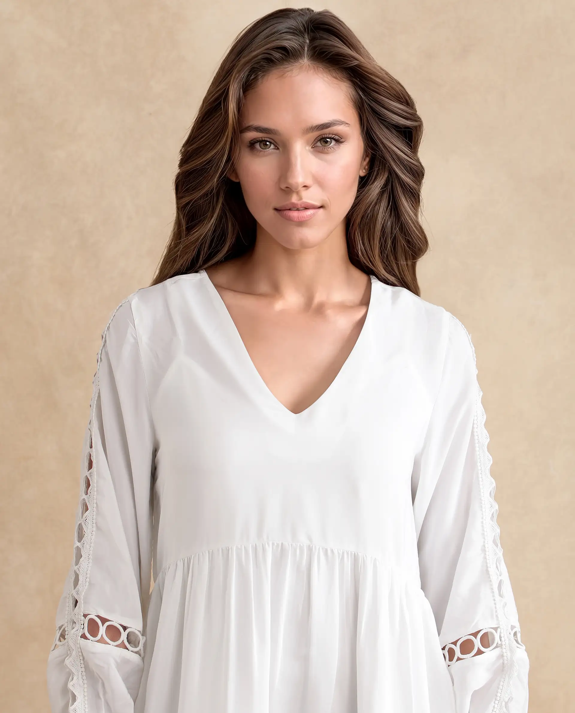 Rareism Women's Wimbledon White Polyester Mandarin Collar Plain Cuffed Sleeve Mini Relaxed Fit Dress - Image 4