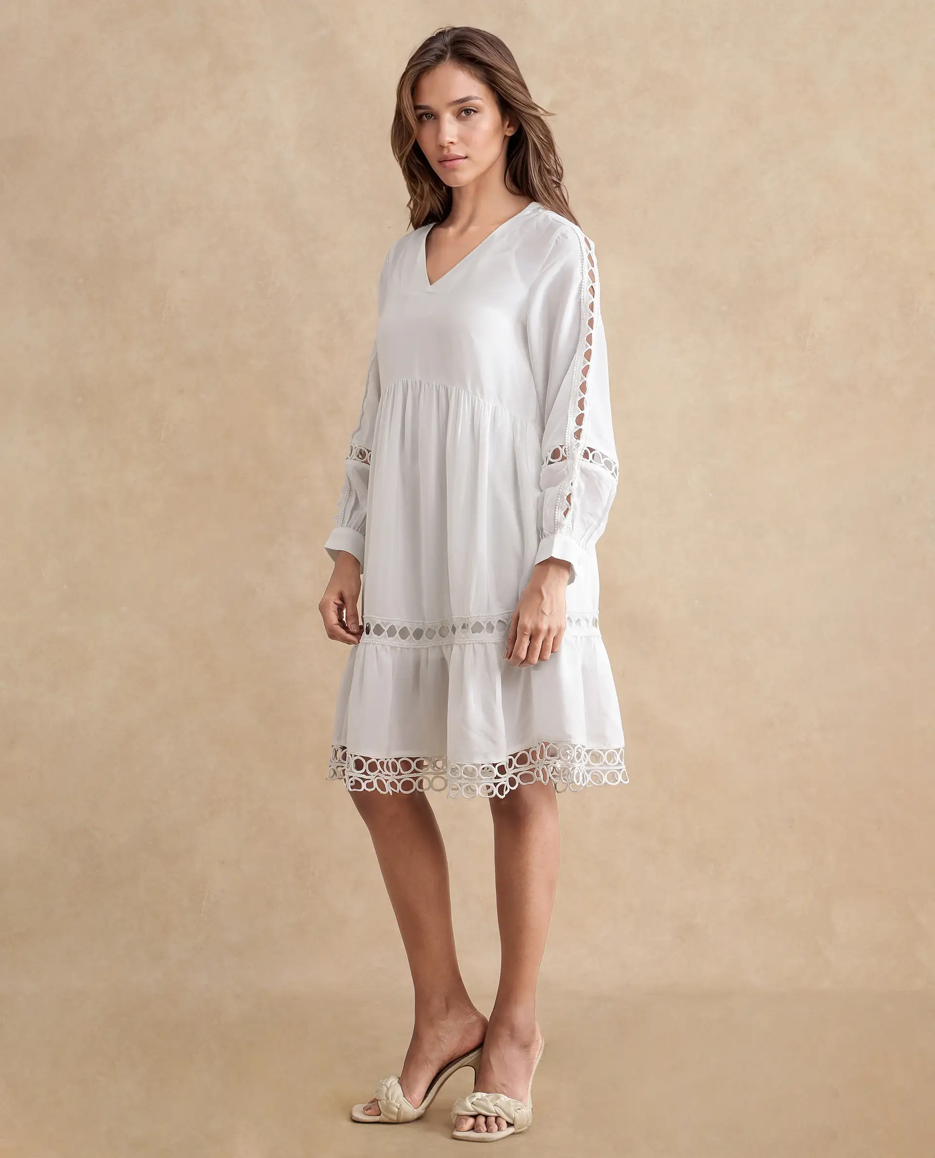 Rareism Women's Wimbledon White Polyester Mandarin Collar Plain Cuffed Sleeve Mini Relaxed Fit Dress - Image 5