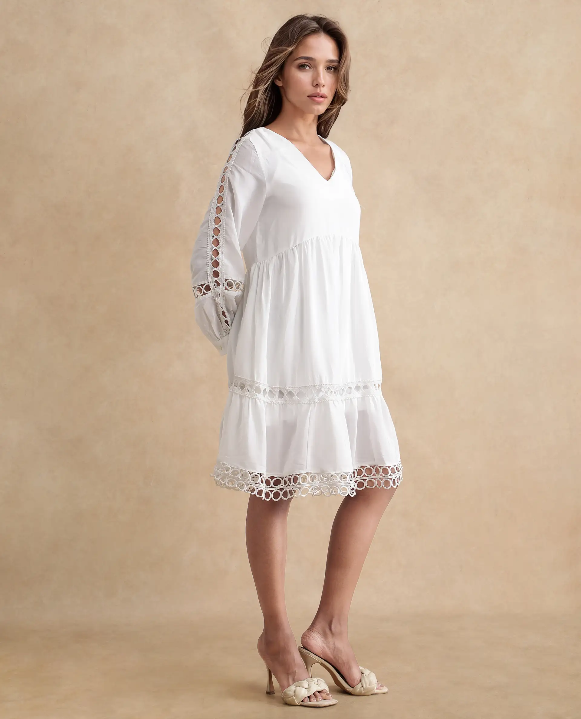 Rareism Women's Wimbledon White Polyester Mandarin Collar Plain Cuffed Sleeve Mini Relaxed Fit Dress - Image 6