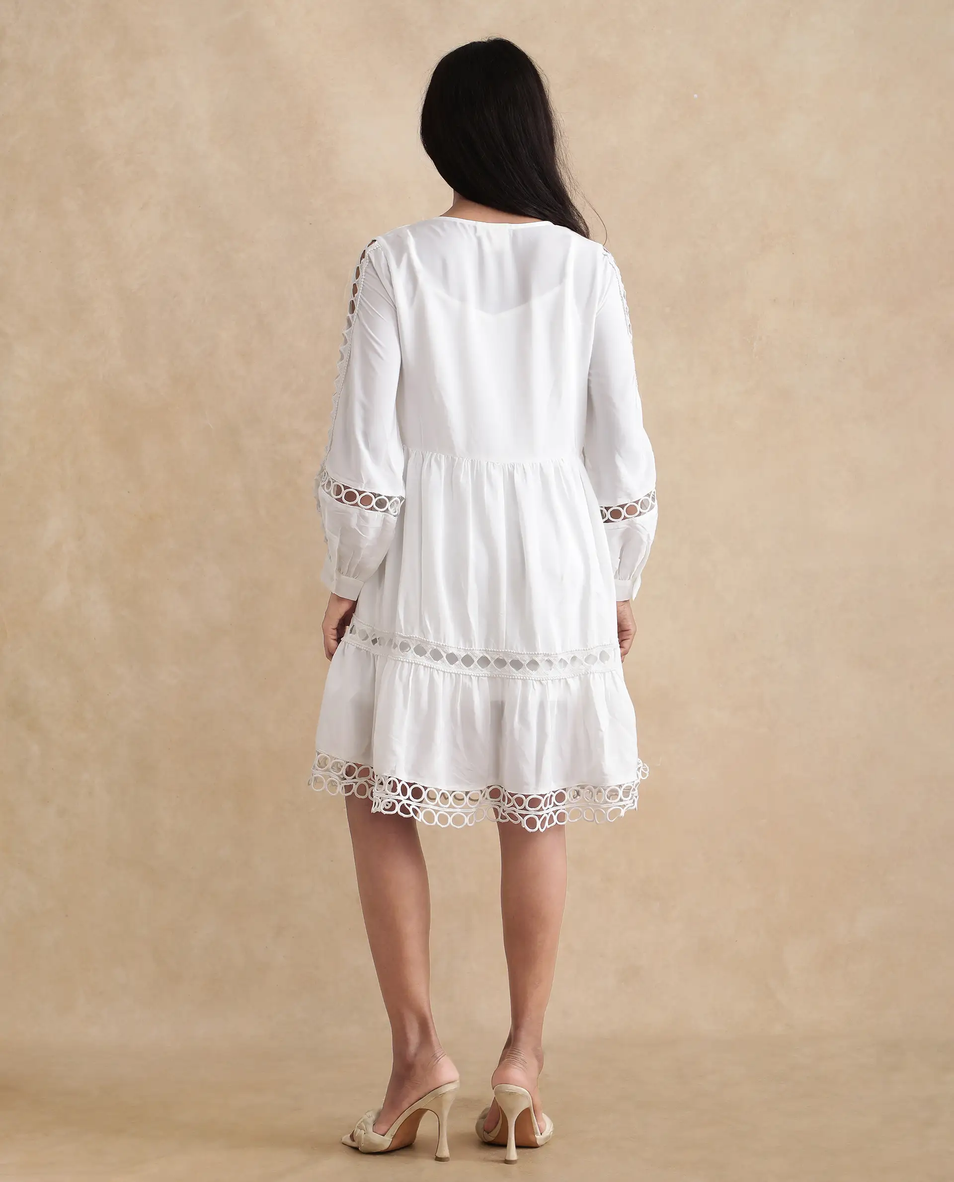 Rareism Women's Wimbledon White Polyester Mandarin Collar Plain Cuffed Sleeve Mini Relaxed Fit Dress - Image 7