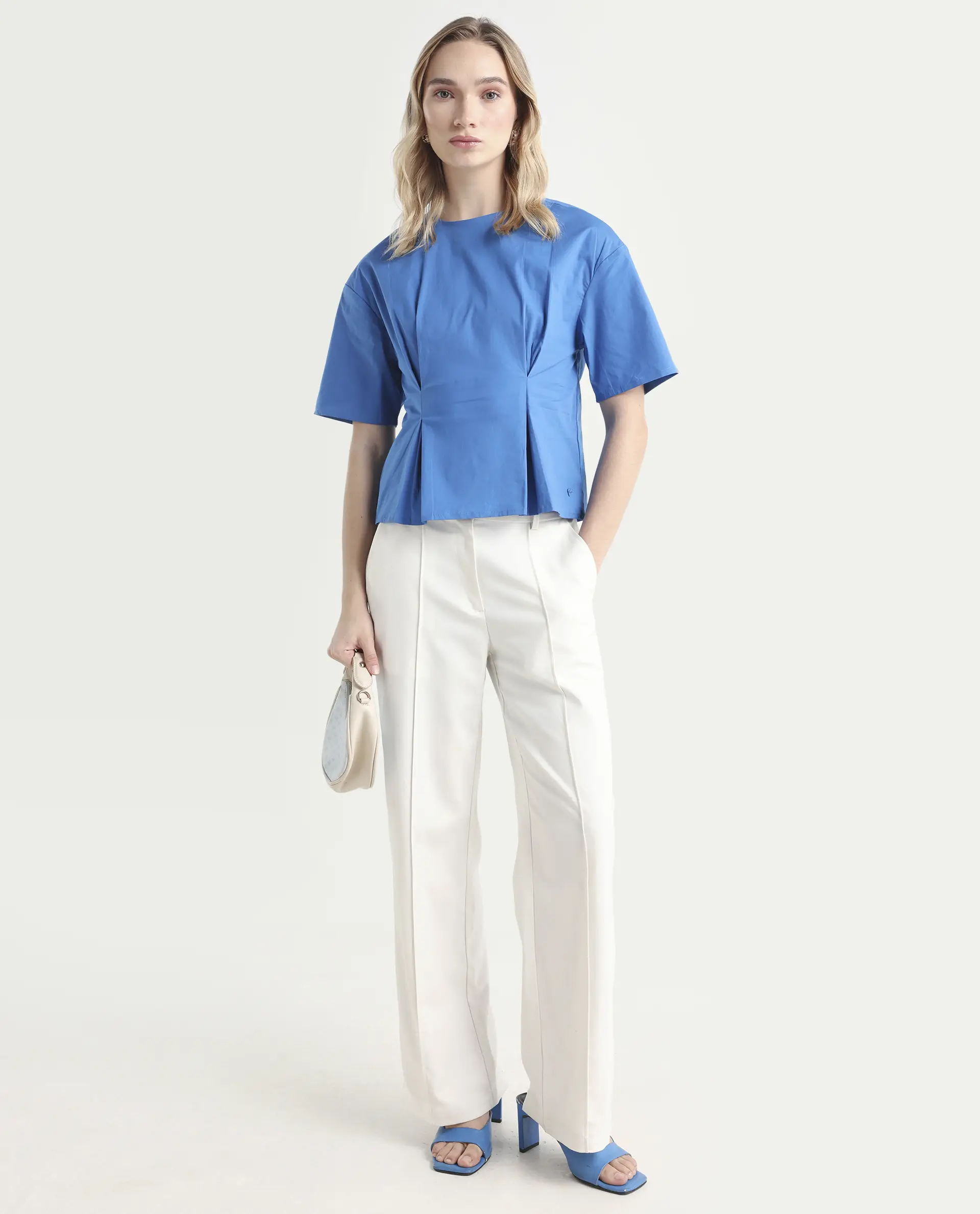 Rareism Women's Wimf Blue Cotton Blend Crew Neck Plain Regular Fit Top - Image 2