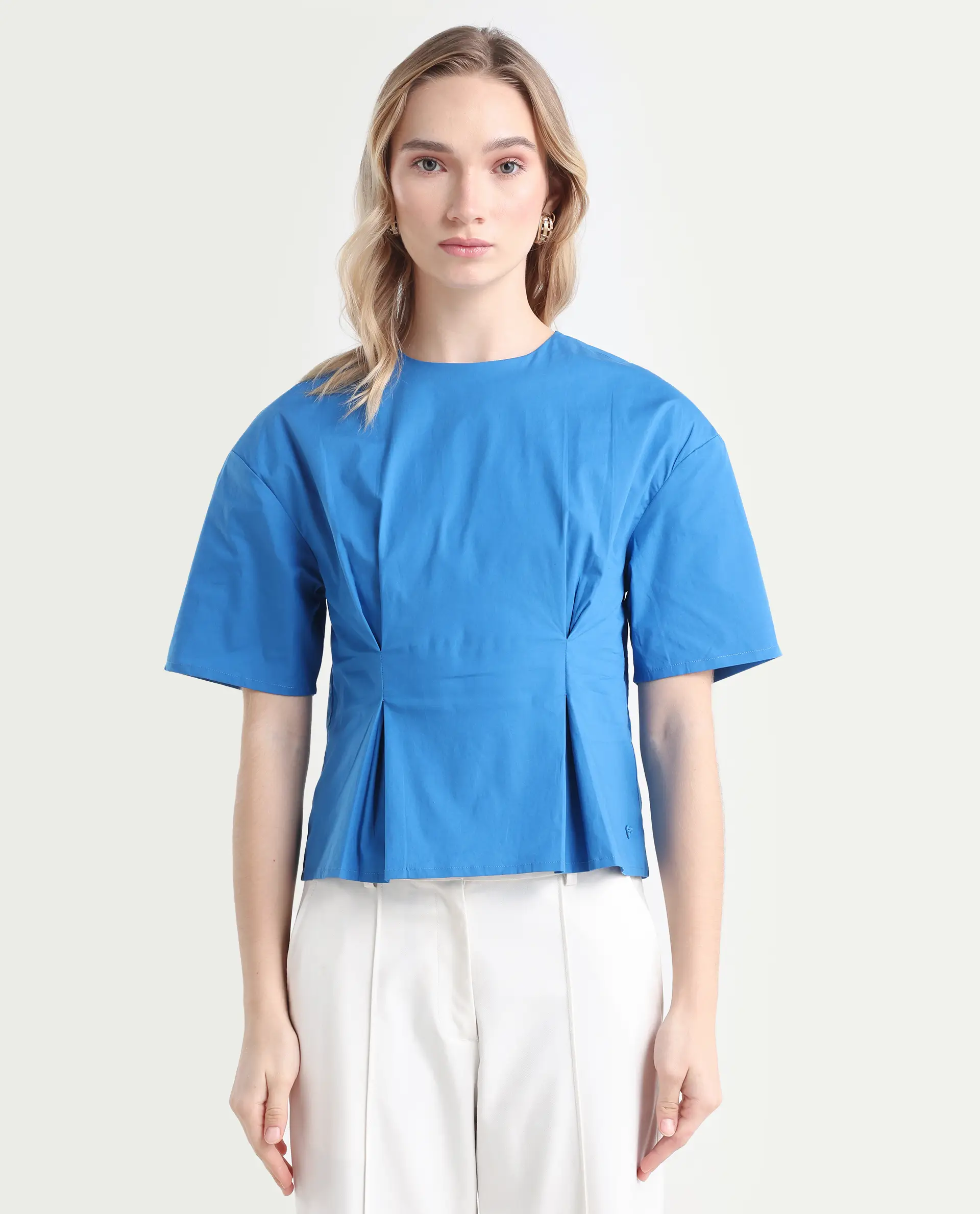 Rareism Women's Wimf Blue Cotton Blend Crew Neck Plain Regular Fit Top - Image 3