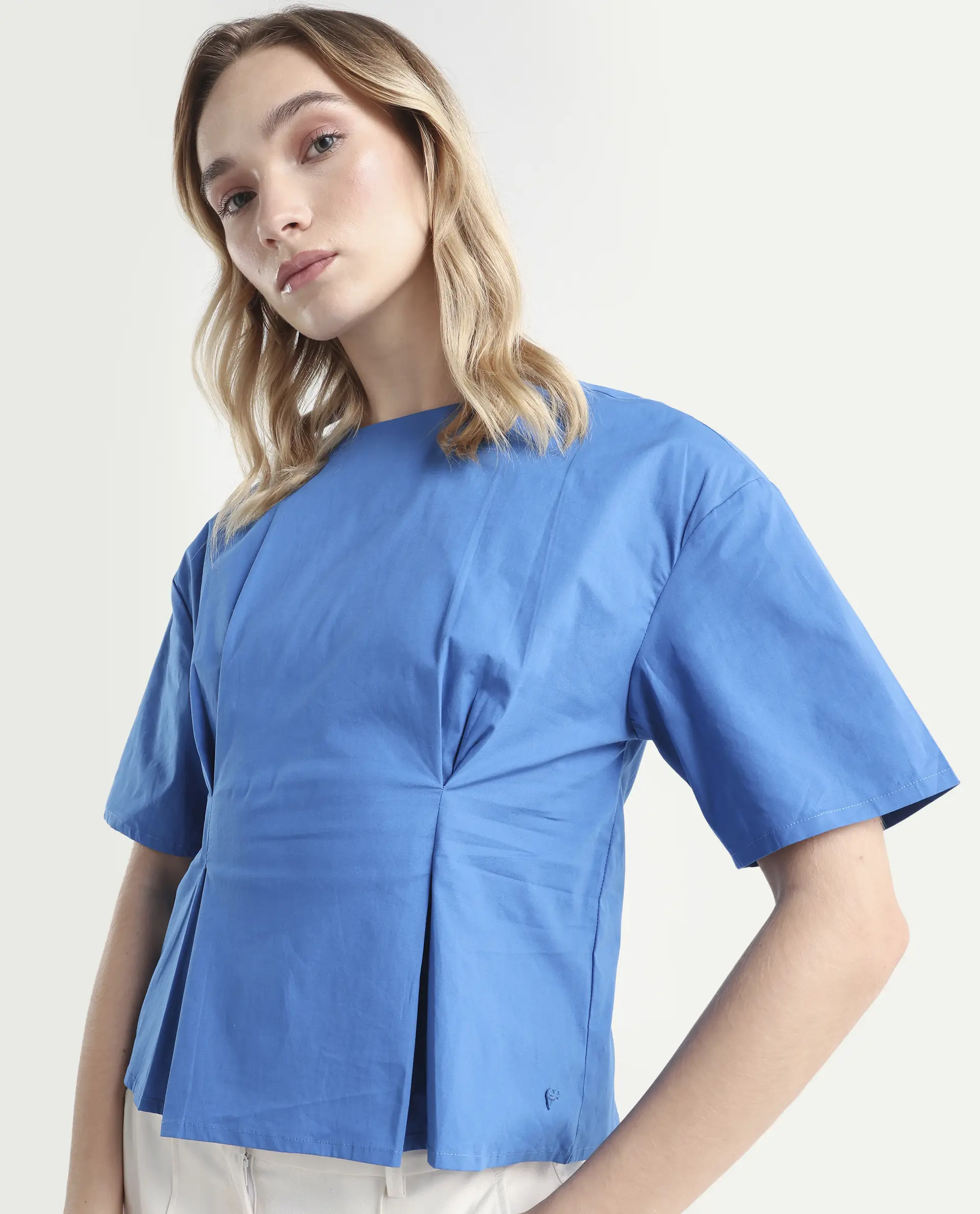 Rareism Women's Wimf Blue Cotton Blend Crew Neck Plain Regular Fit Top - Image 4