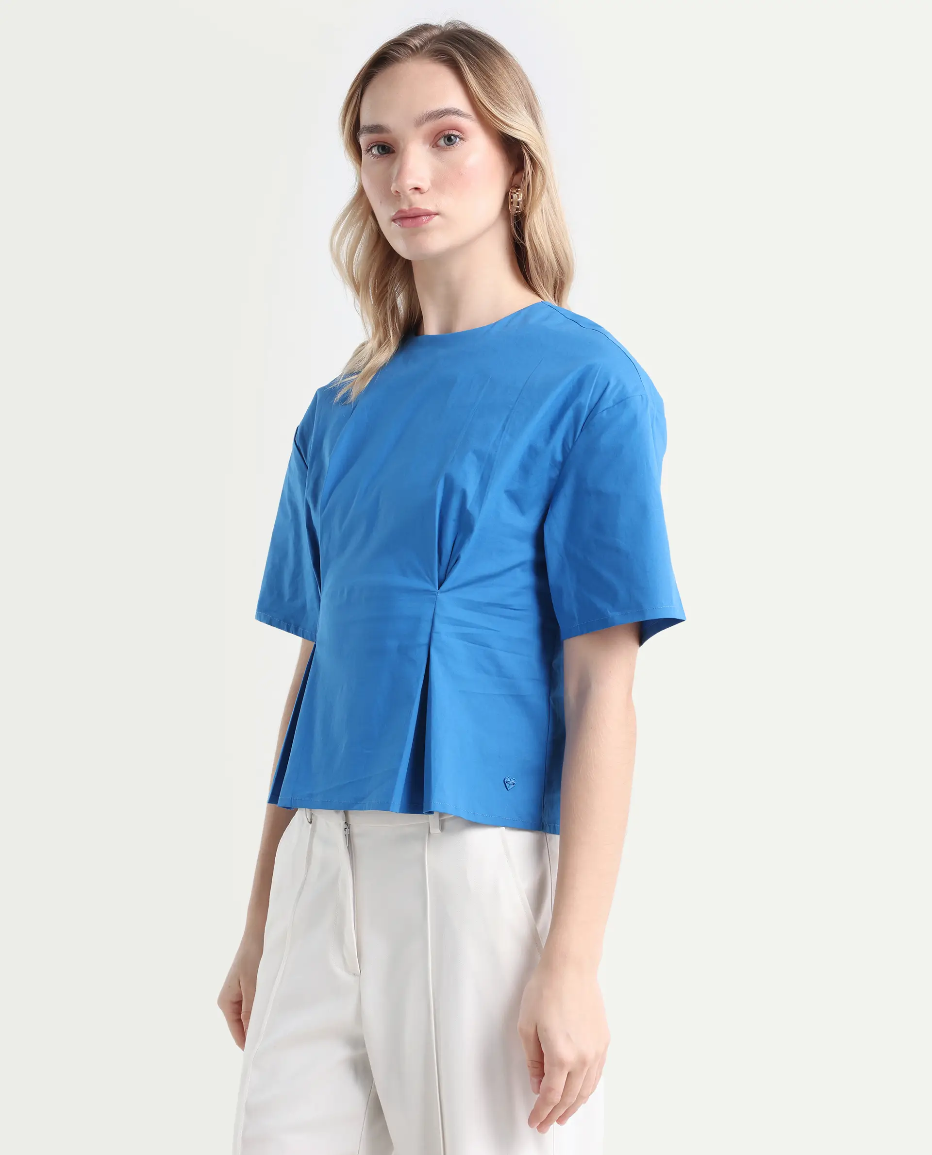 Rareism Women's Wimf Blue Cotton Blend Crew Neck Plain Regular Fit Top - Image 5